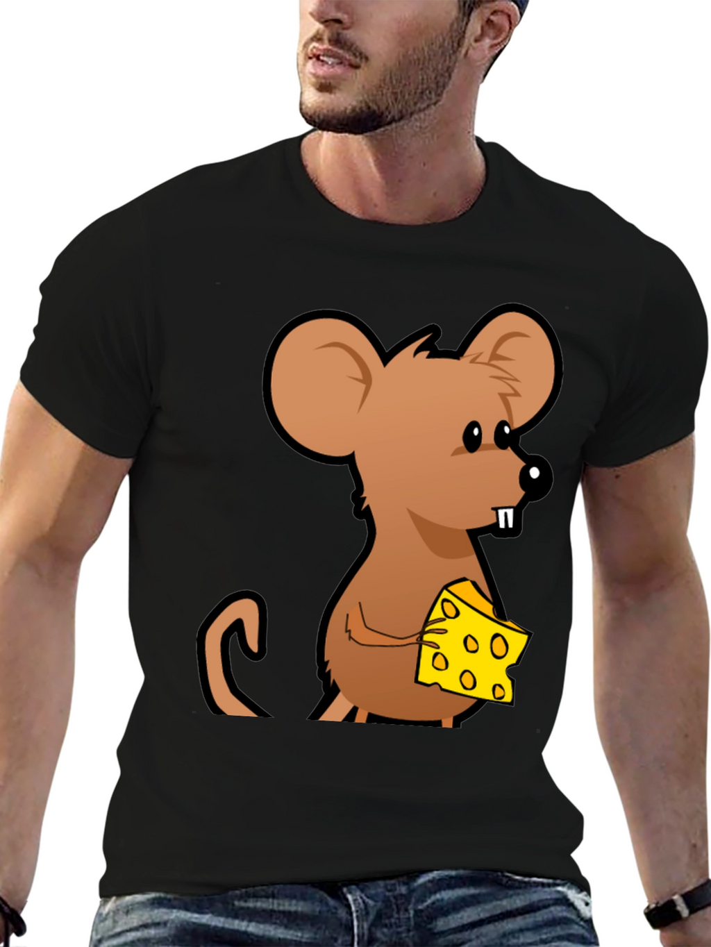 Cartoon Mouse with Cheese Graphic T-Shirt - Black