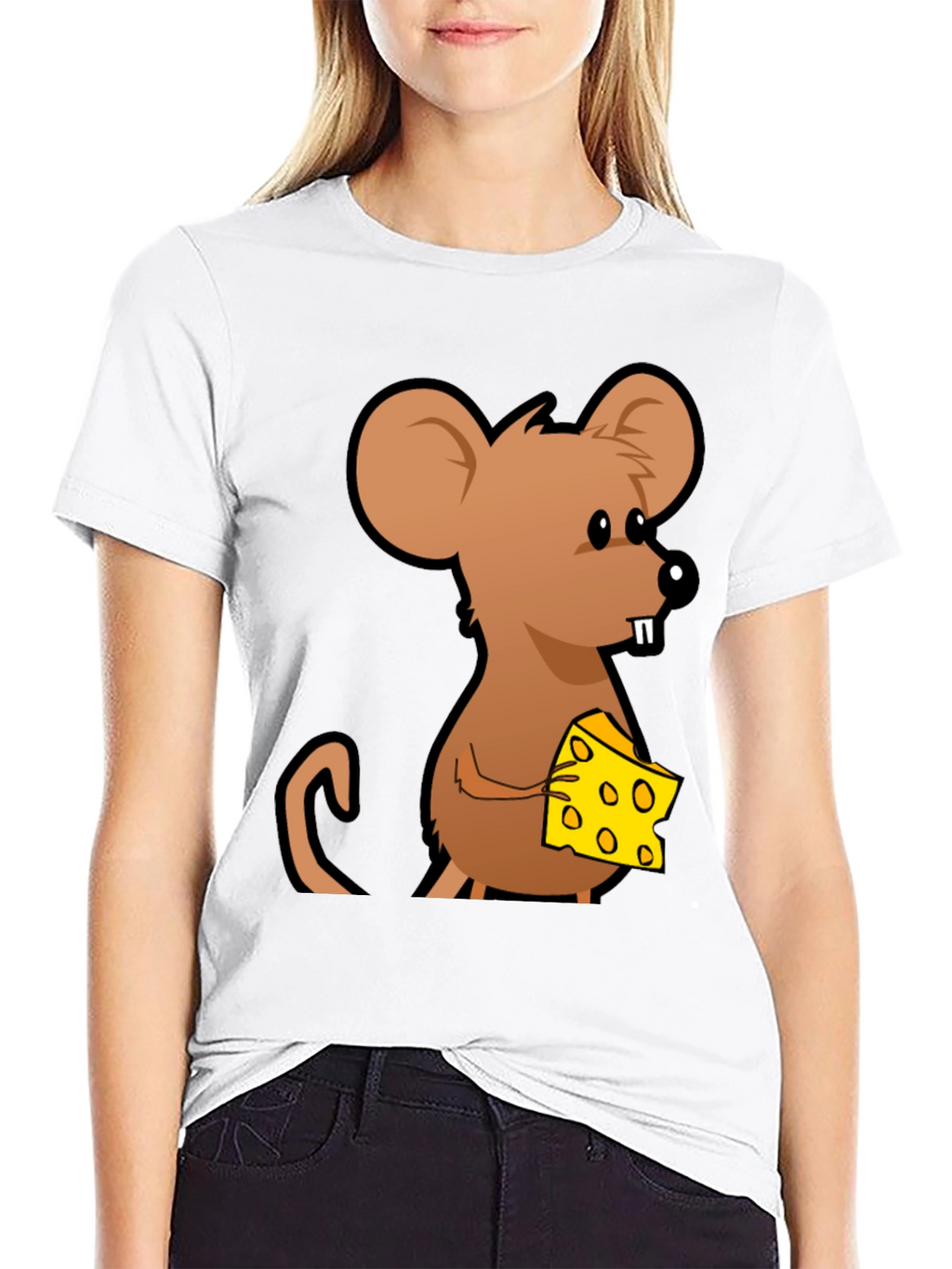 Cartoon Mouse with Cheese Graphic T-Shirt - Black