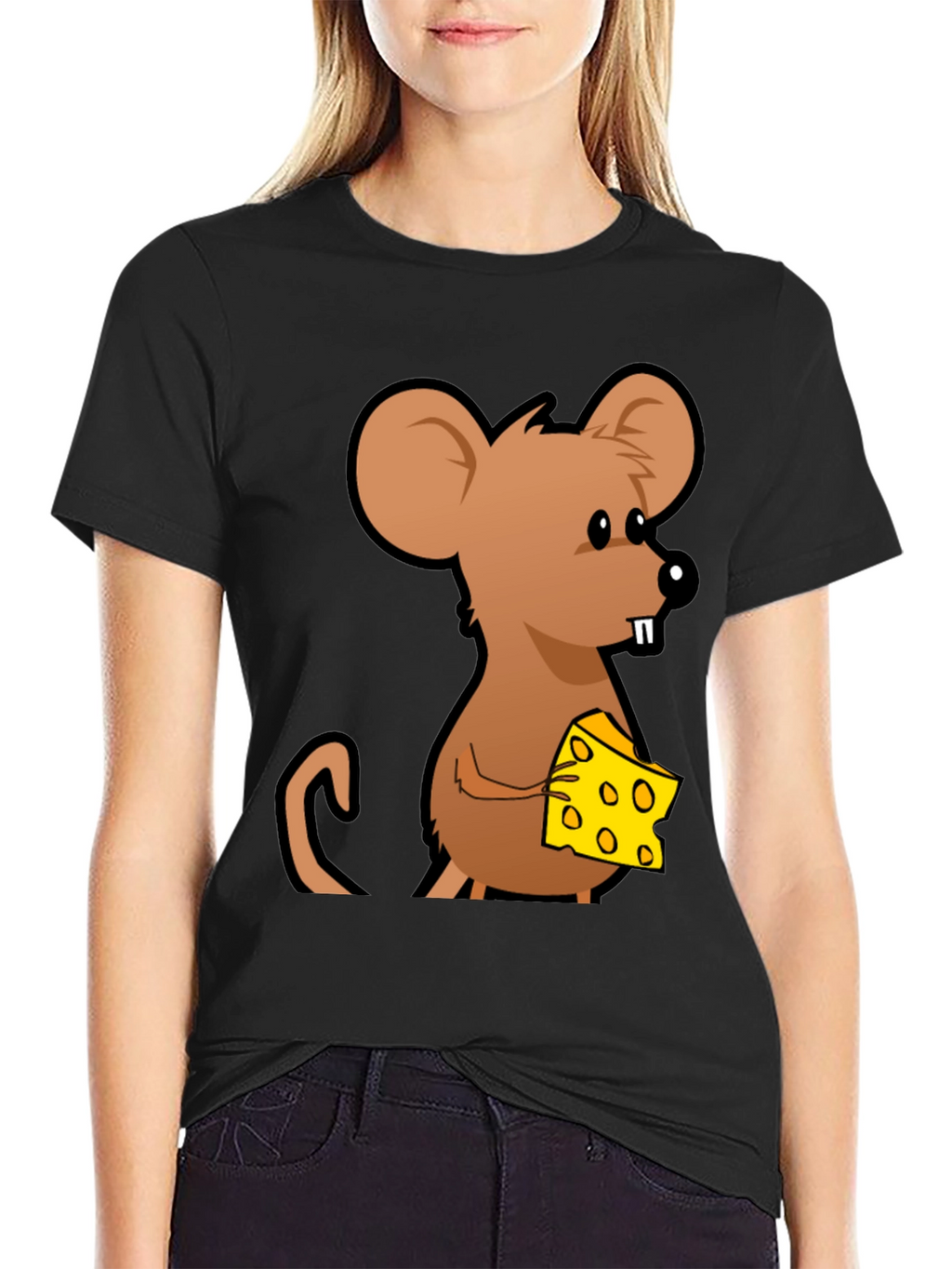 Cartoon Mouse with Cheese Graphic T-Shirt - Black