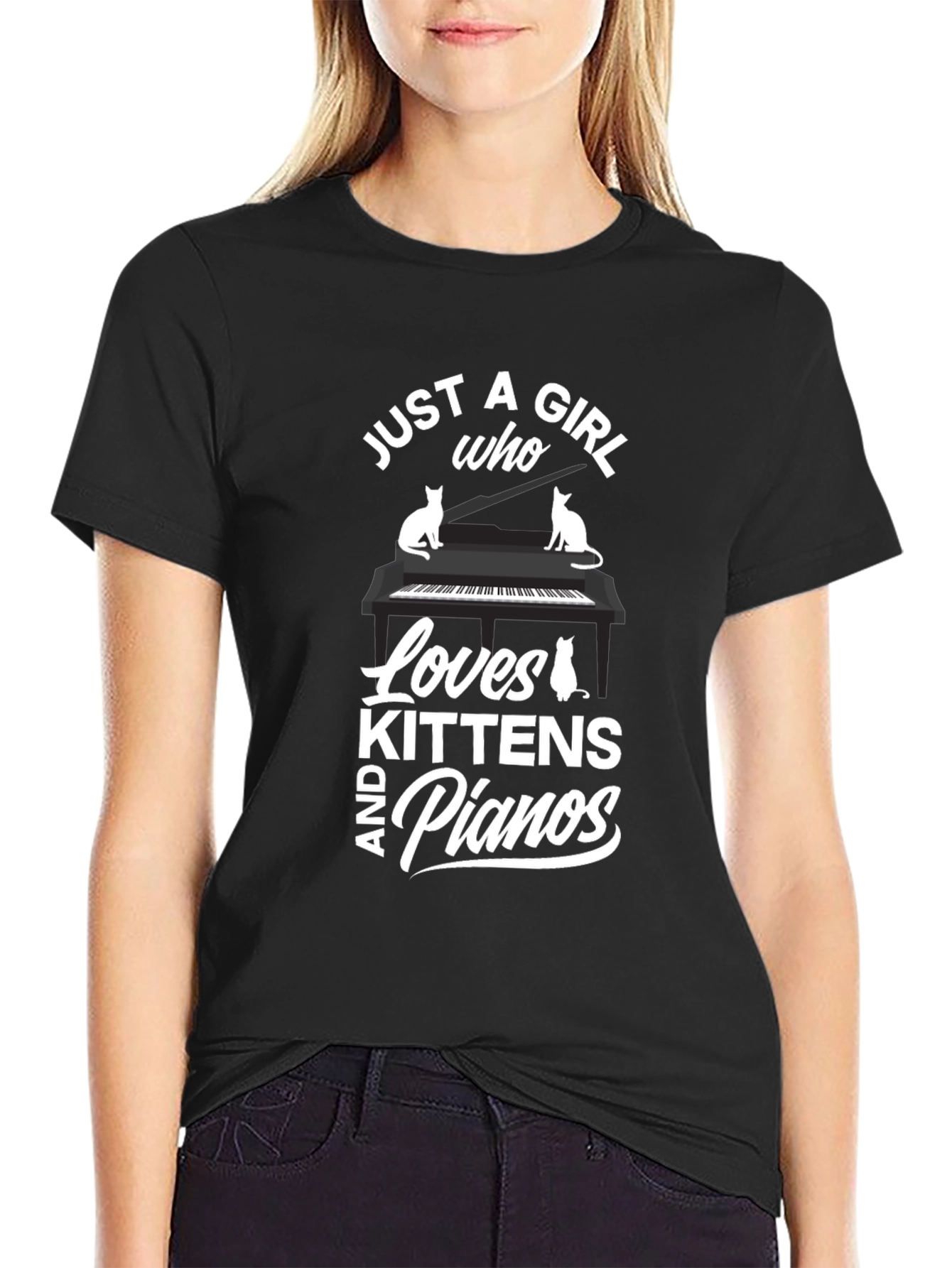 Just a Girl Who Loves Kittens and Pianos Black T-Shirt