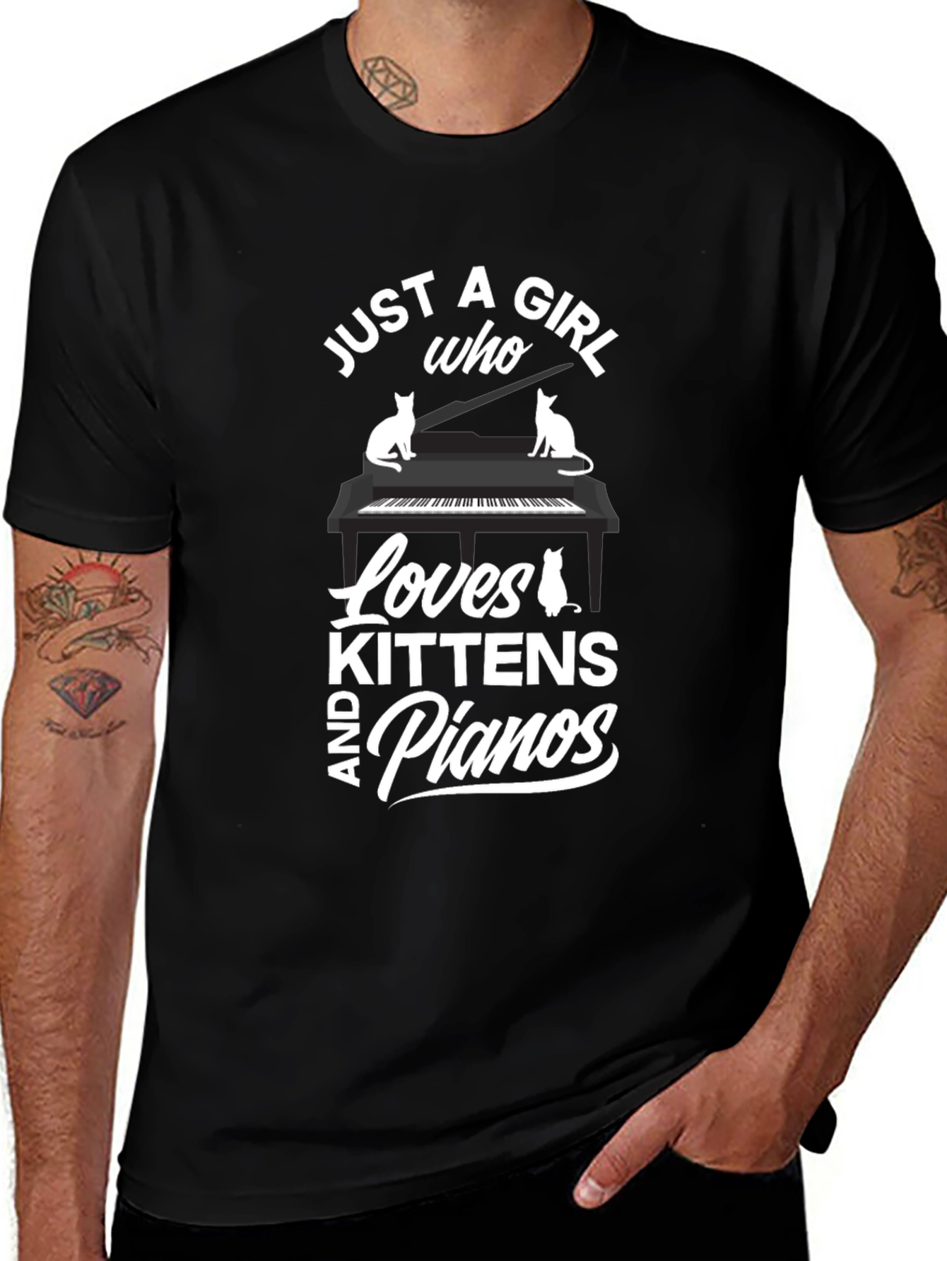 Just a Girl Who Loves Kittens and Pianos Black T-Shirt