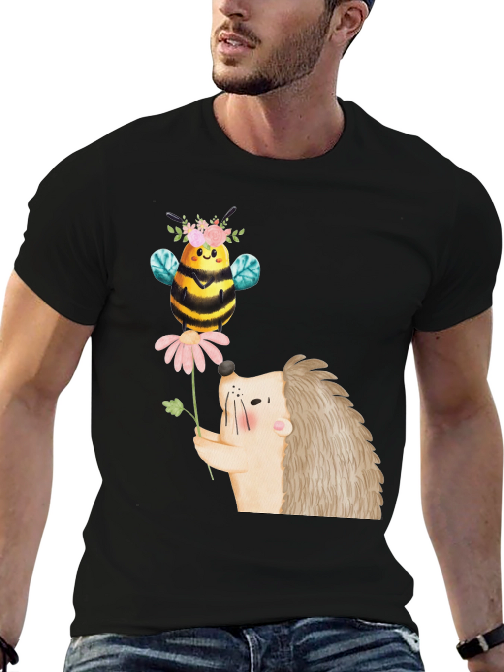 Cute Bee & Hedgehog Graphic T-Shirt