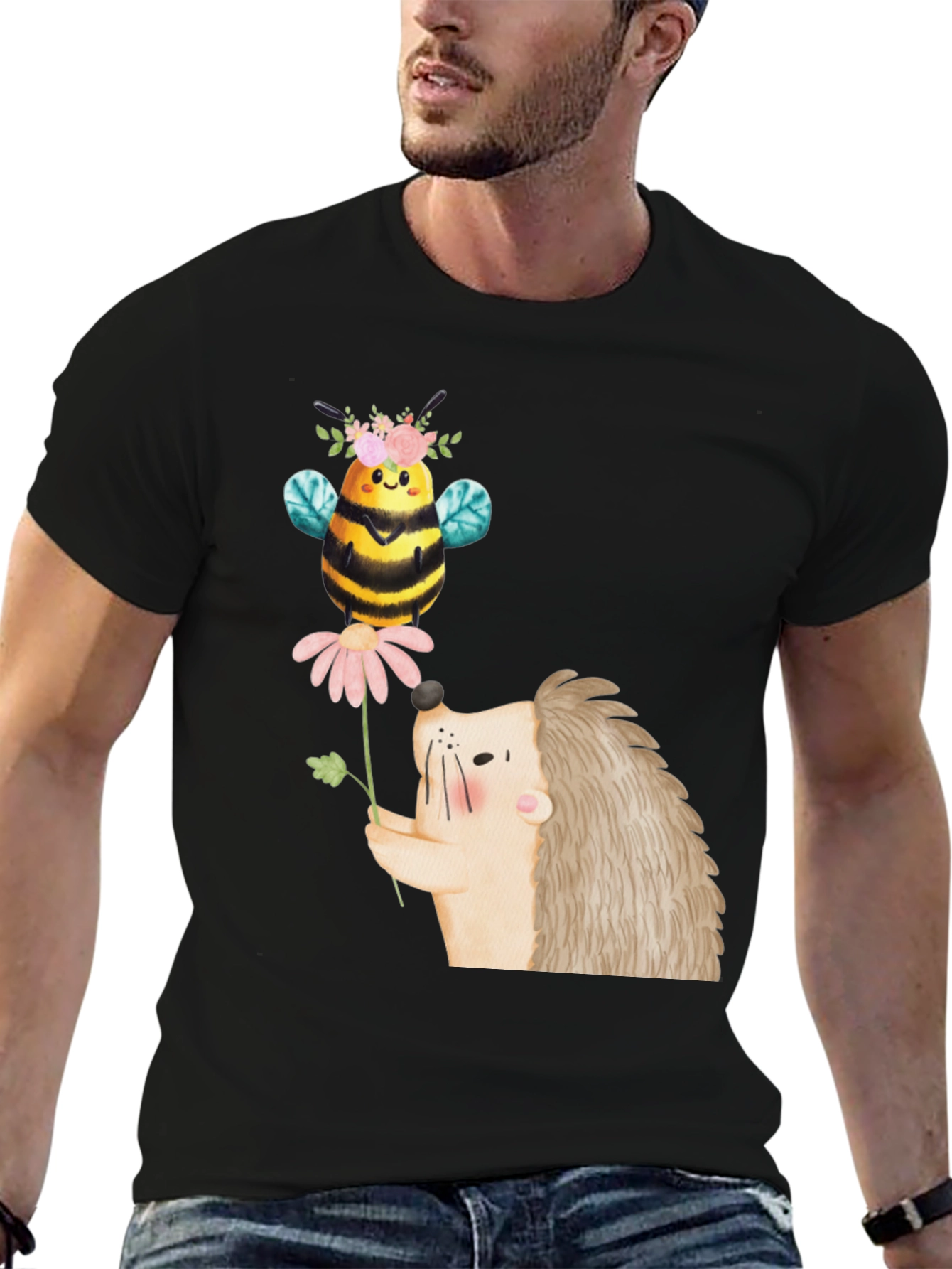 Cute Bee & Hedgehog Graphic T-Shirt