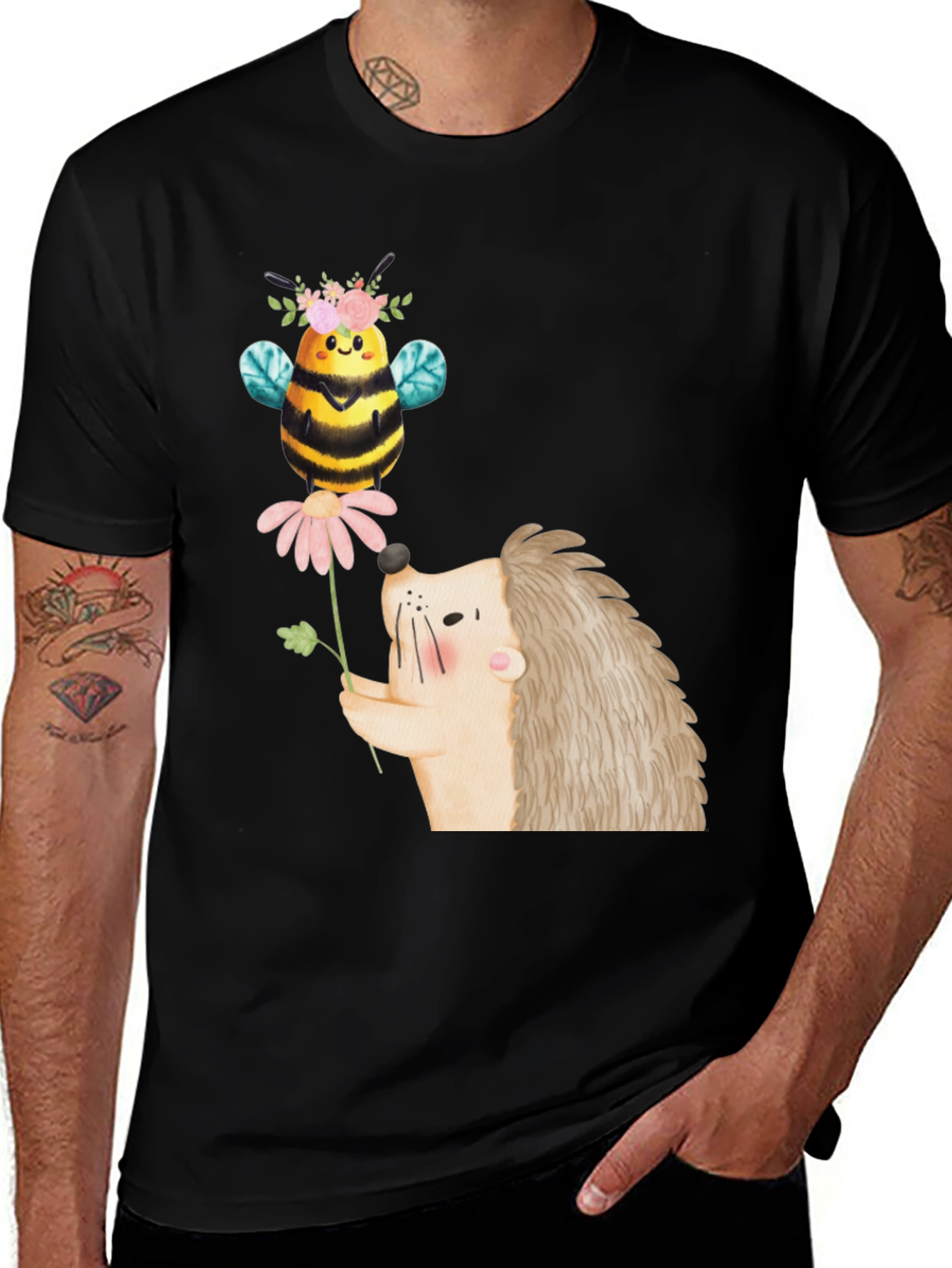 Cute Bee & Hedgehog Graphic T-Shirt