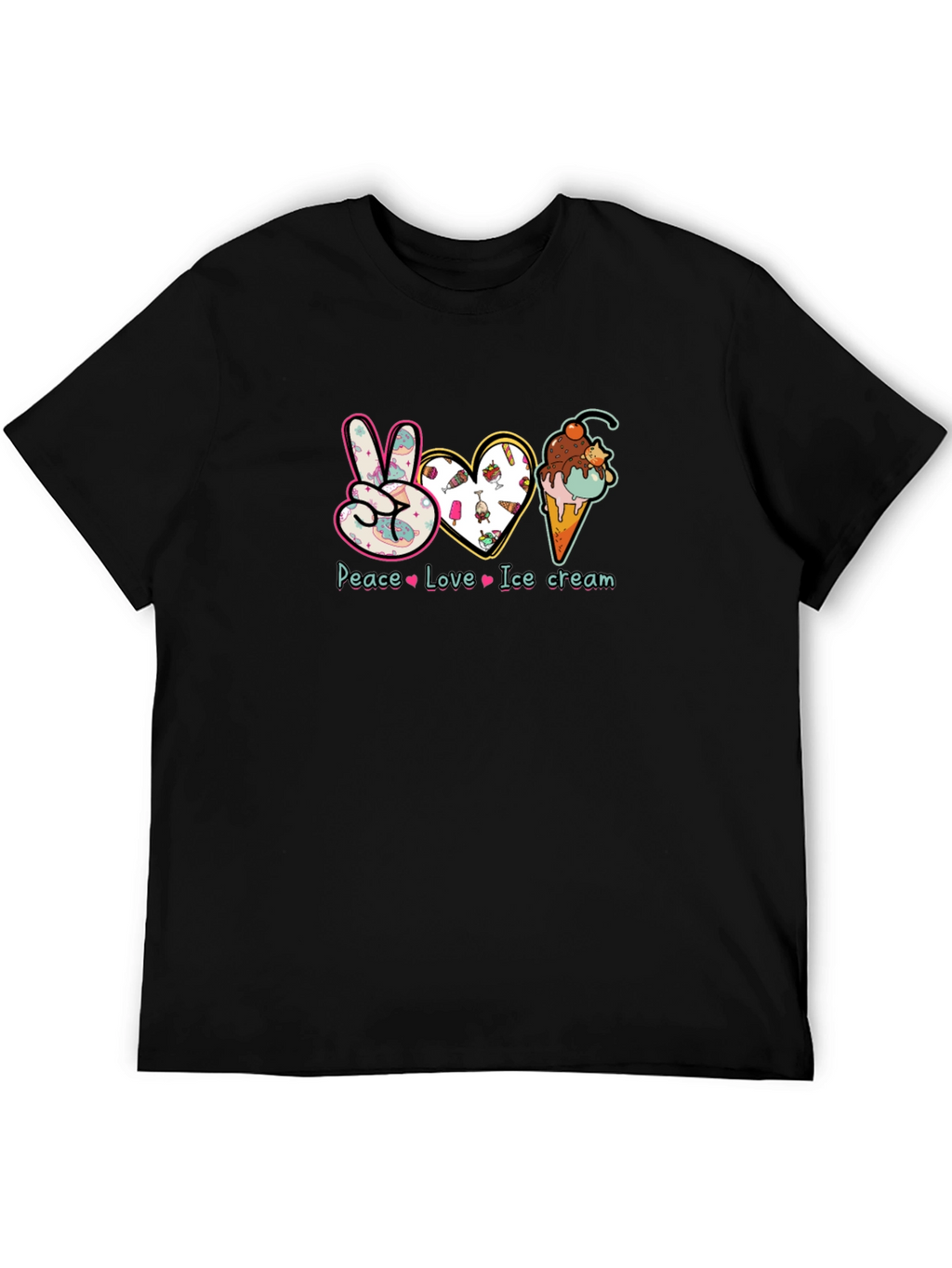 Peace Love Ice Cream Black Graphic T-Shirt