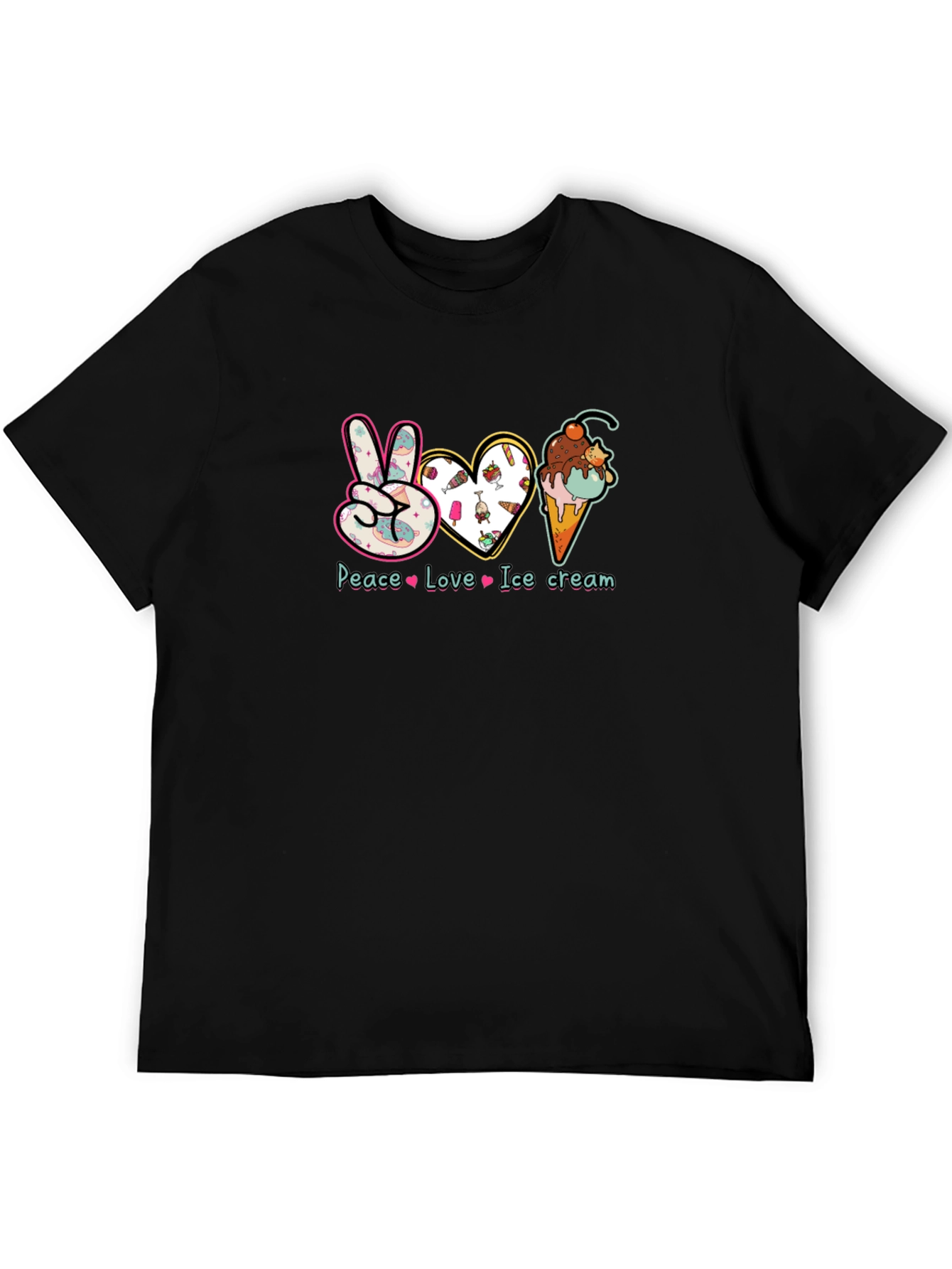 Peace Love Ice Cream Black Graphic T-Shirt