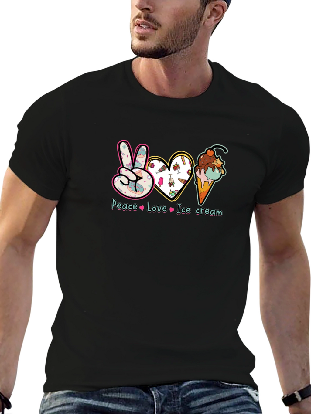 Peace Love Ice Cream Black Graphic T-Shirt