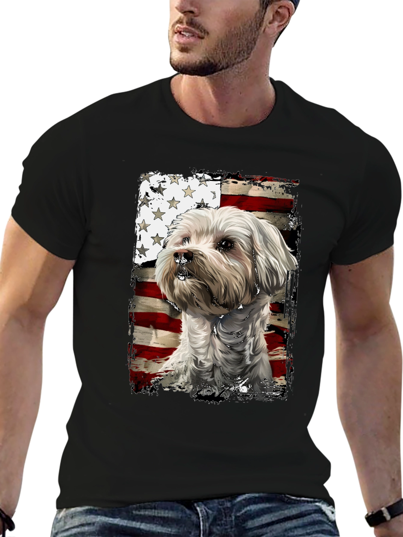 Patriotic Dog T-Shirt - USA Flag Maltese Design