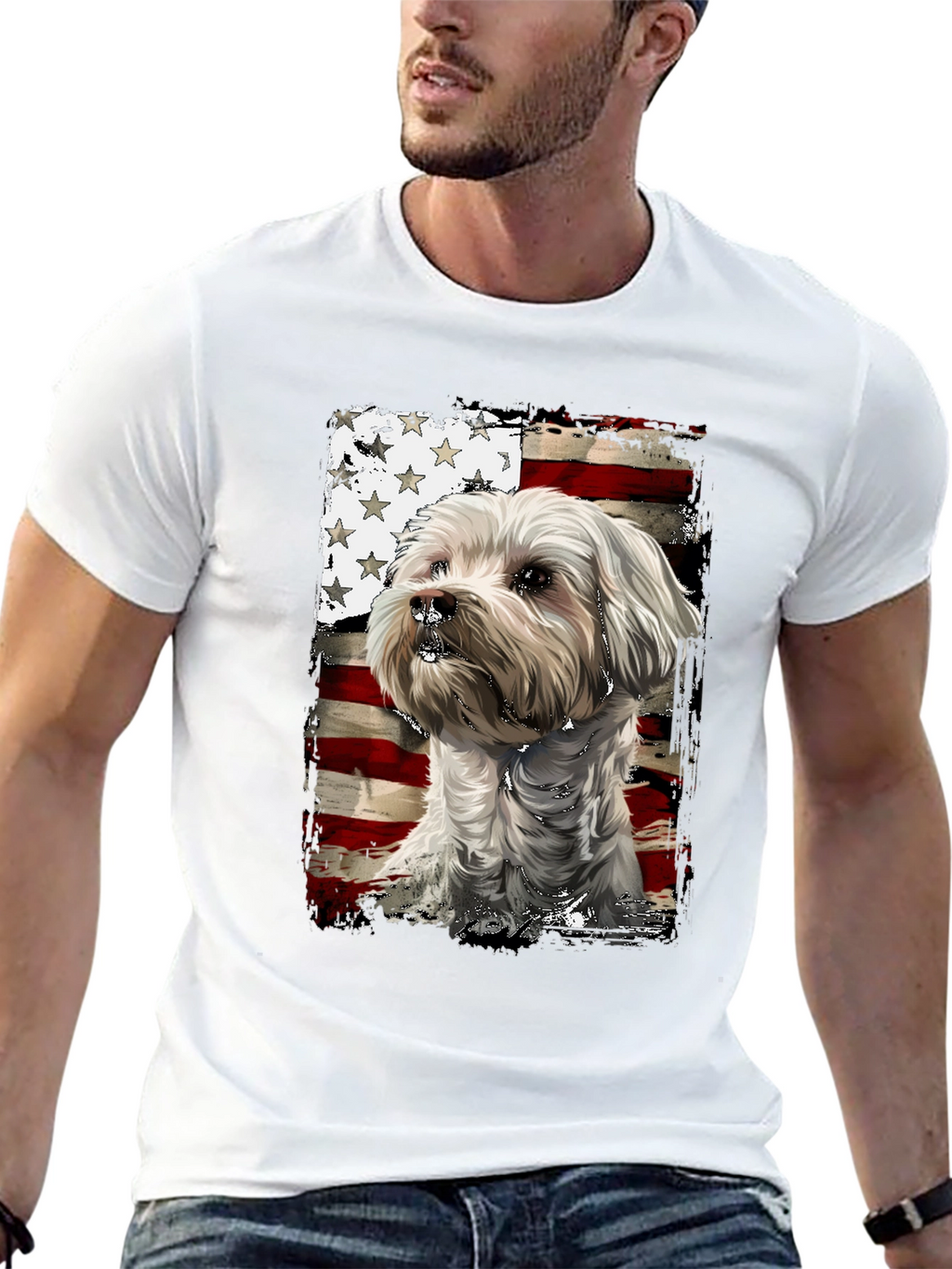 Patriotic Dog T-Shirt - USA Flag Maltese Design