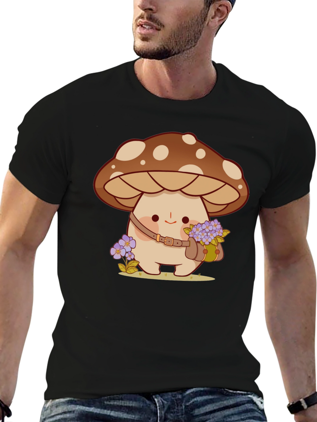 Cute Mushroom Character Black T-Shirt