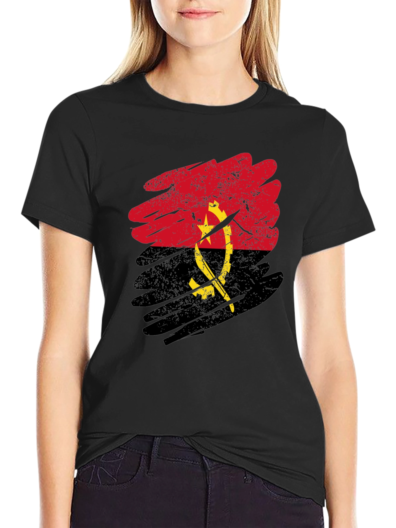 Angola Flag Graphic T-Shirt - Black Casual Tee