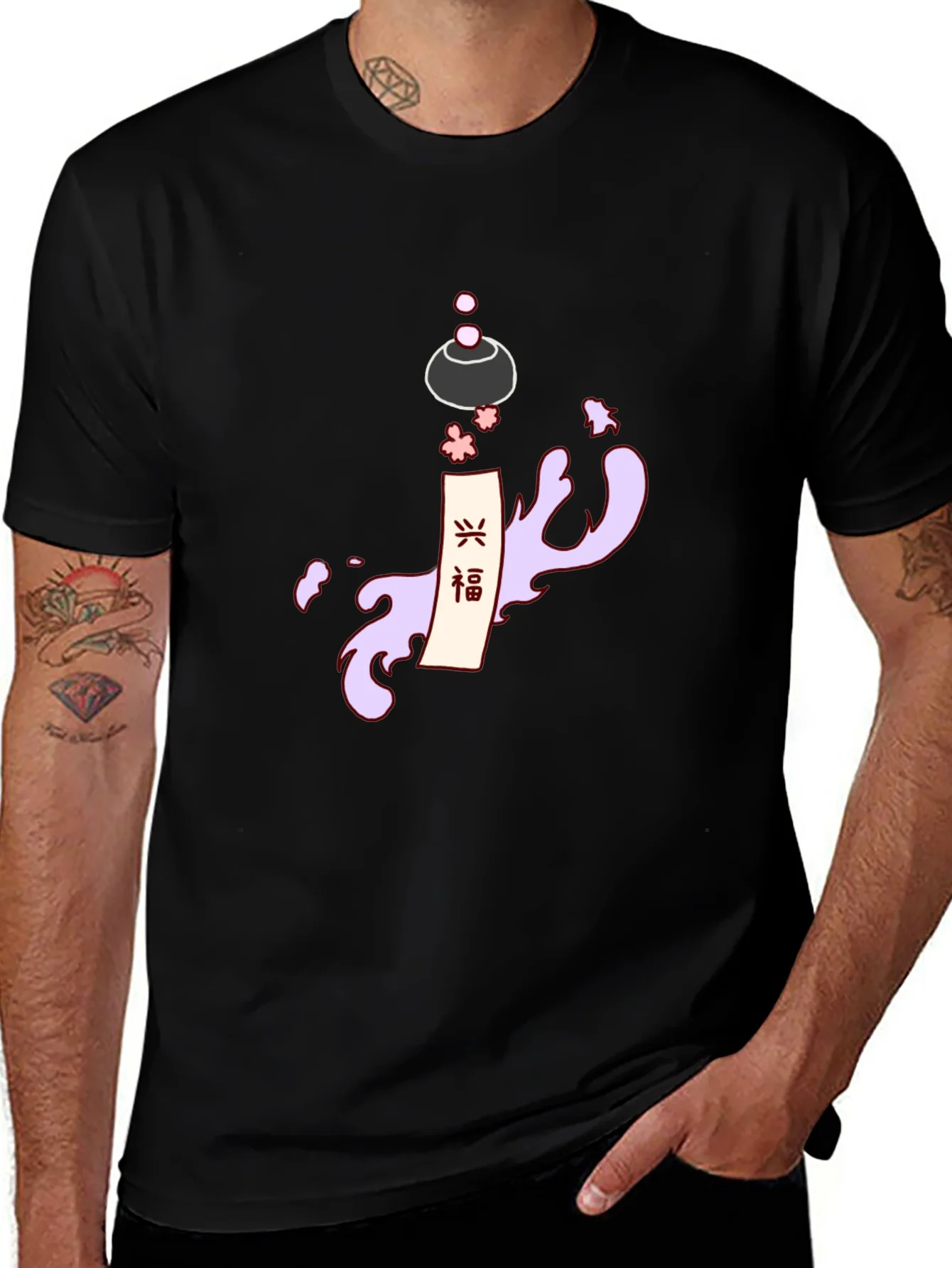 Mens Black T-Shirt with Japanese-Inspired Graphic