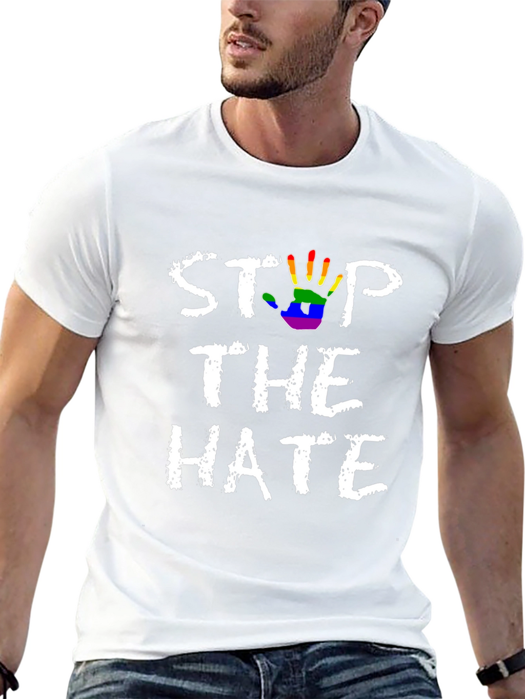 Stop The Hate T-Shirt - Rainbow Hand Print