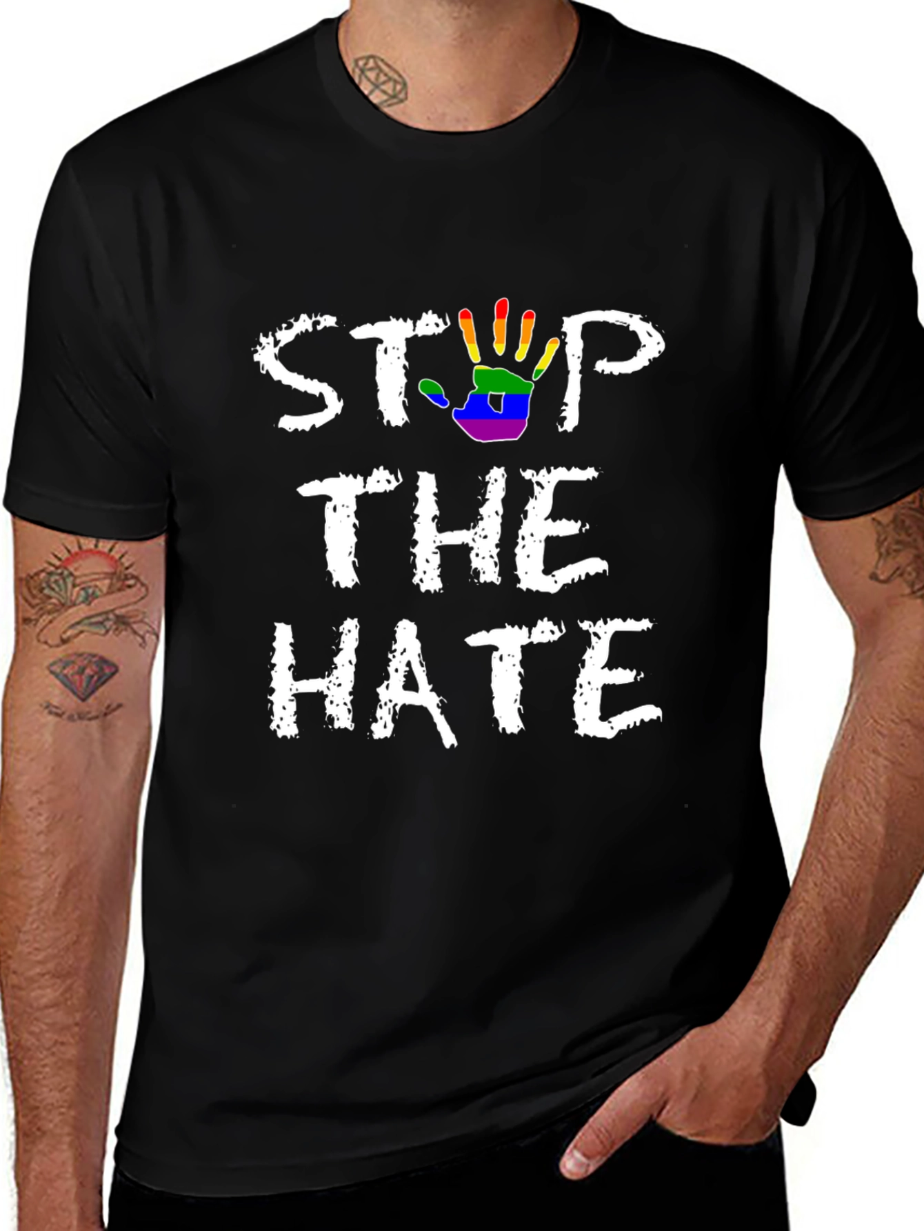 Stop The Hate T-Shirt - Rainbow Hand Print