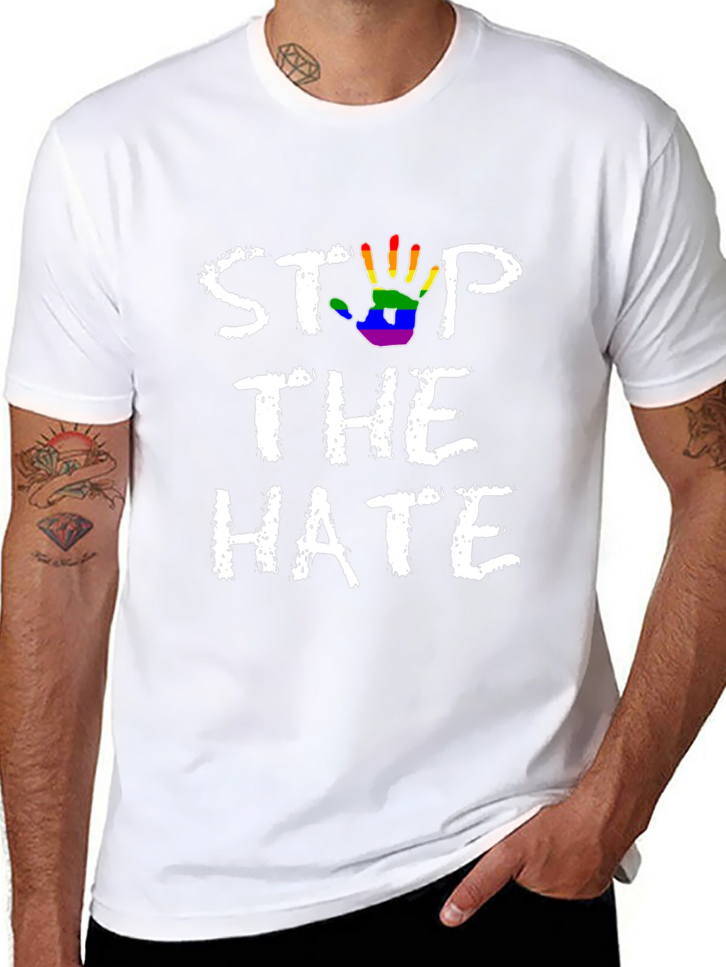 Stop The Hate T-Shirt - Rainbow Hand Print