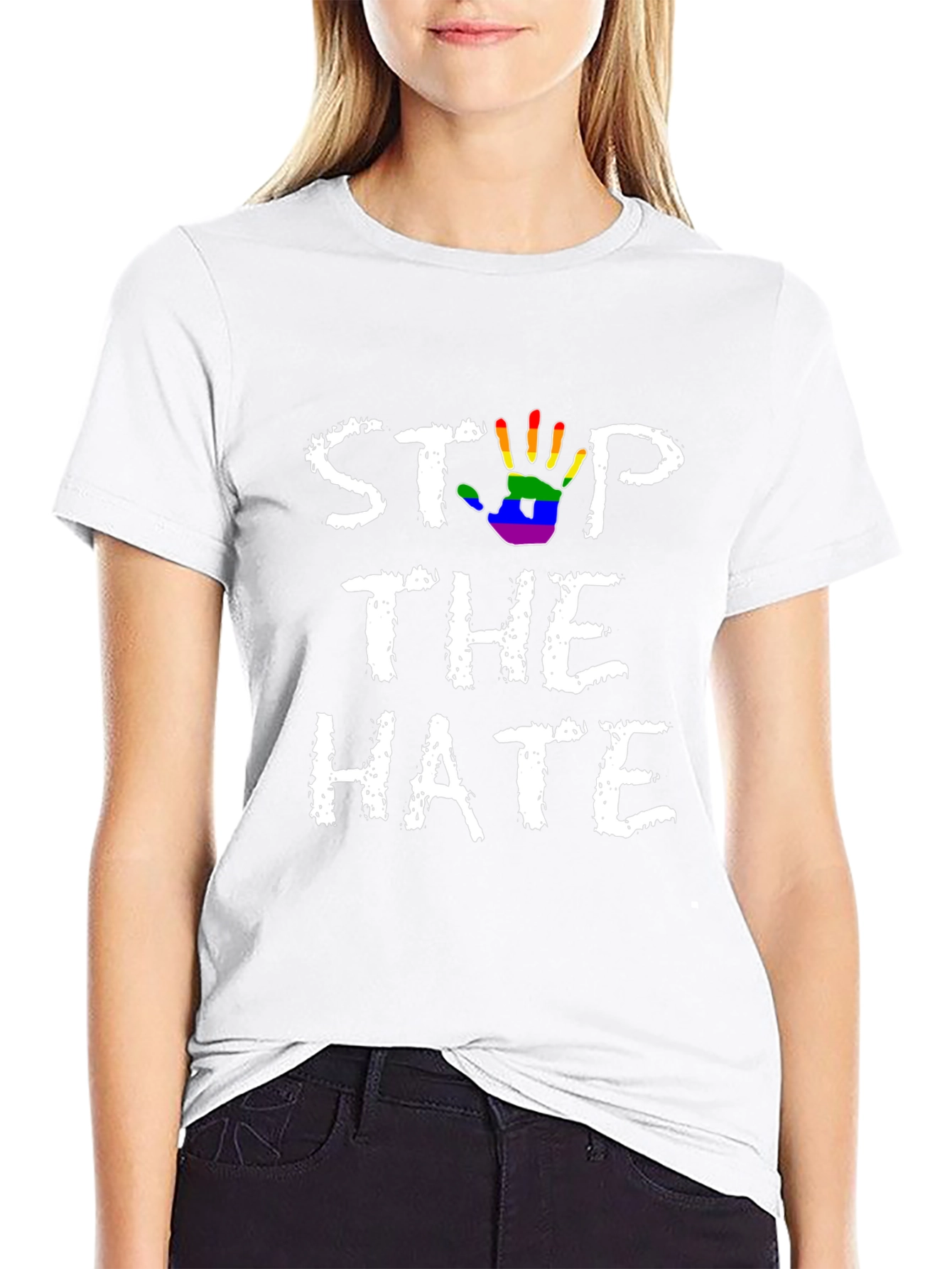 Stop The Hate T-Shirt - Rainbow Hand Print