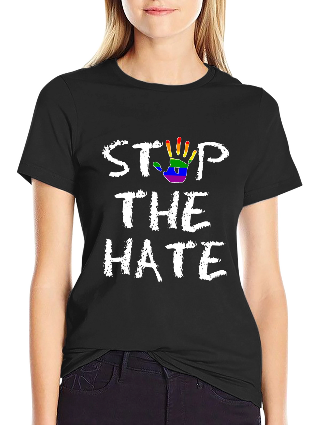 Stop The Hate T-Shirt - Rainbow Hand Print