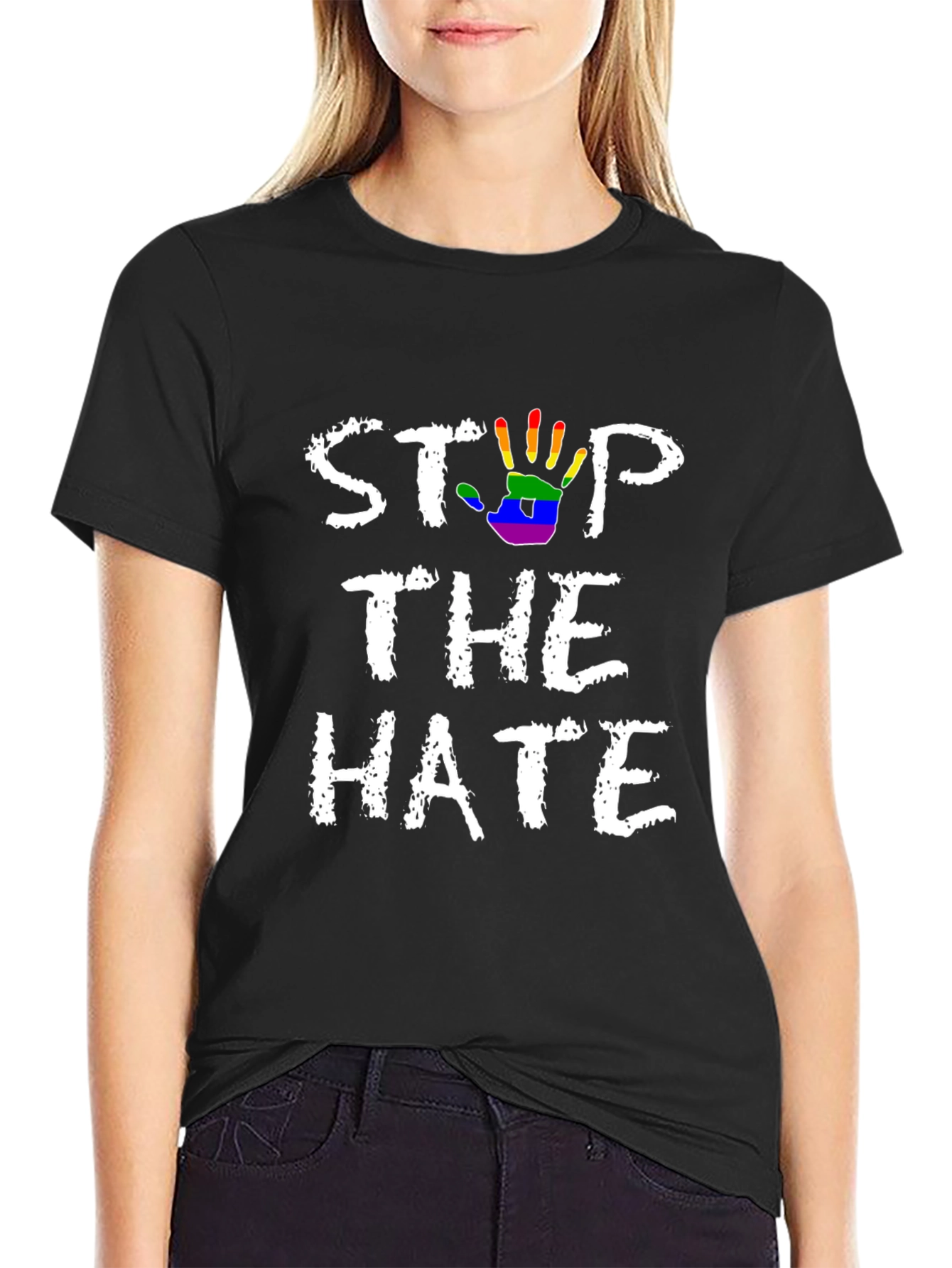 Stop The Hate T-Shirt - Rainbow Hand Print
