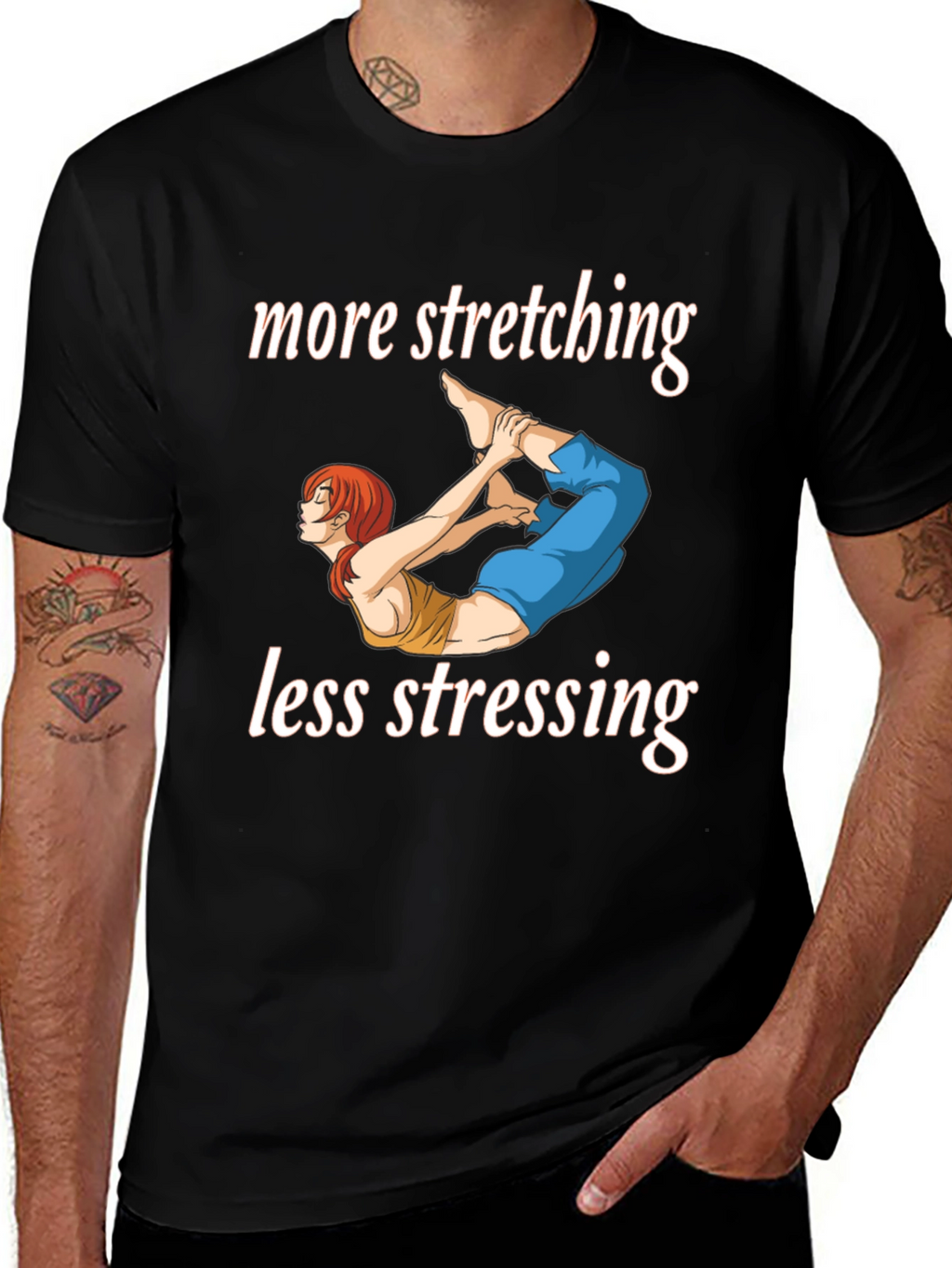 More Stretching Less Stressing Yoga Black T-Shirt