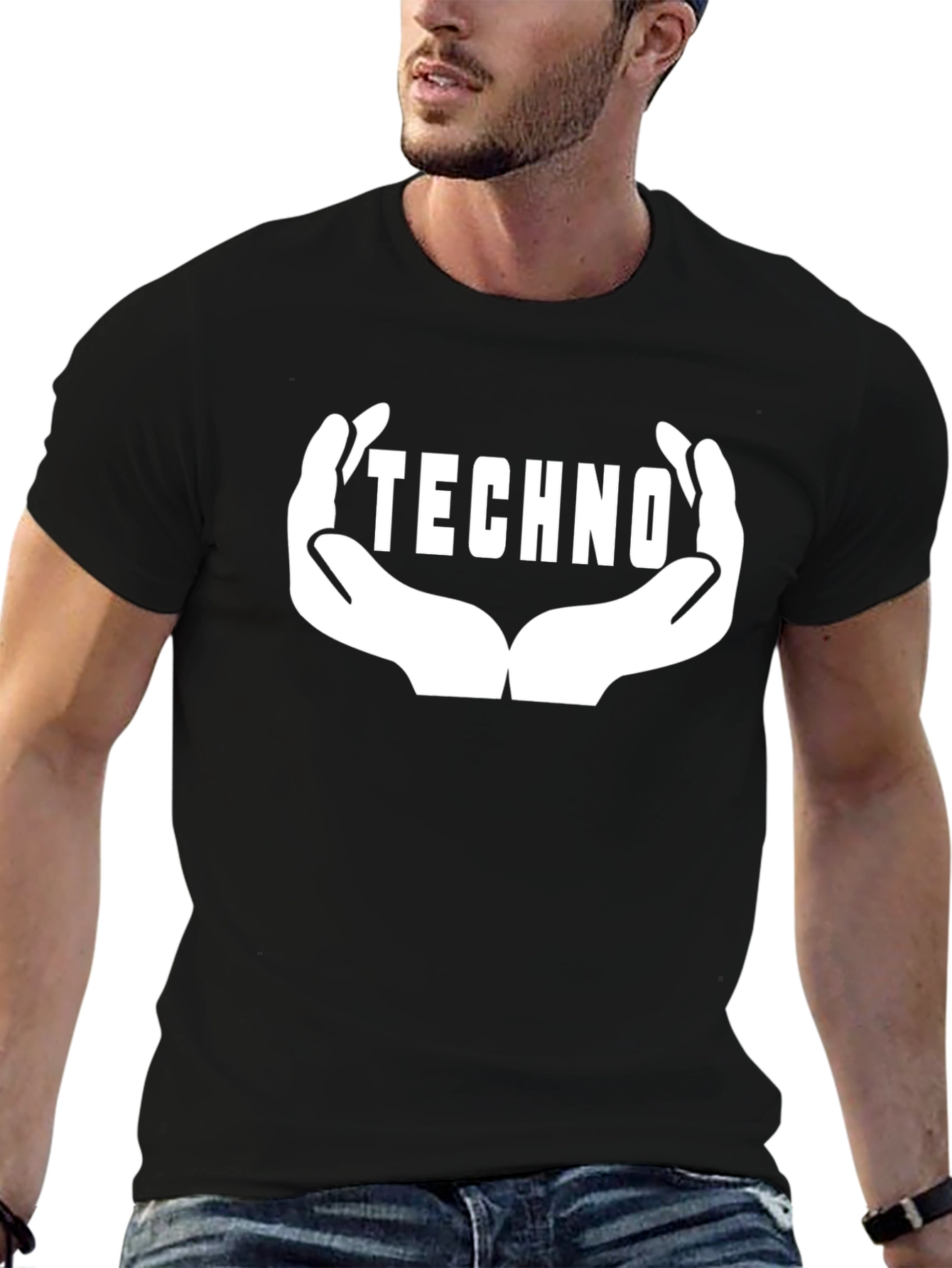 Techno Music Graphic Tee - Hands Design Black Cotton