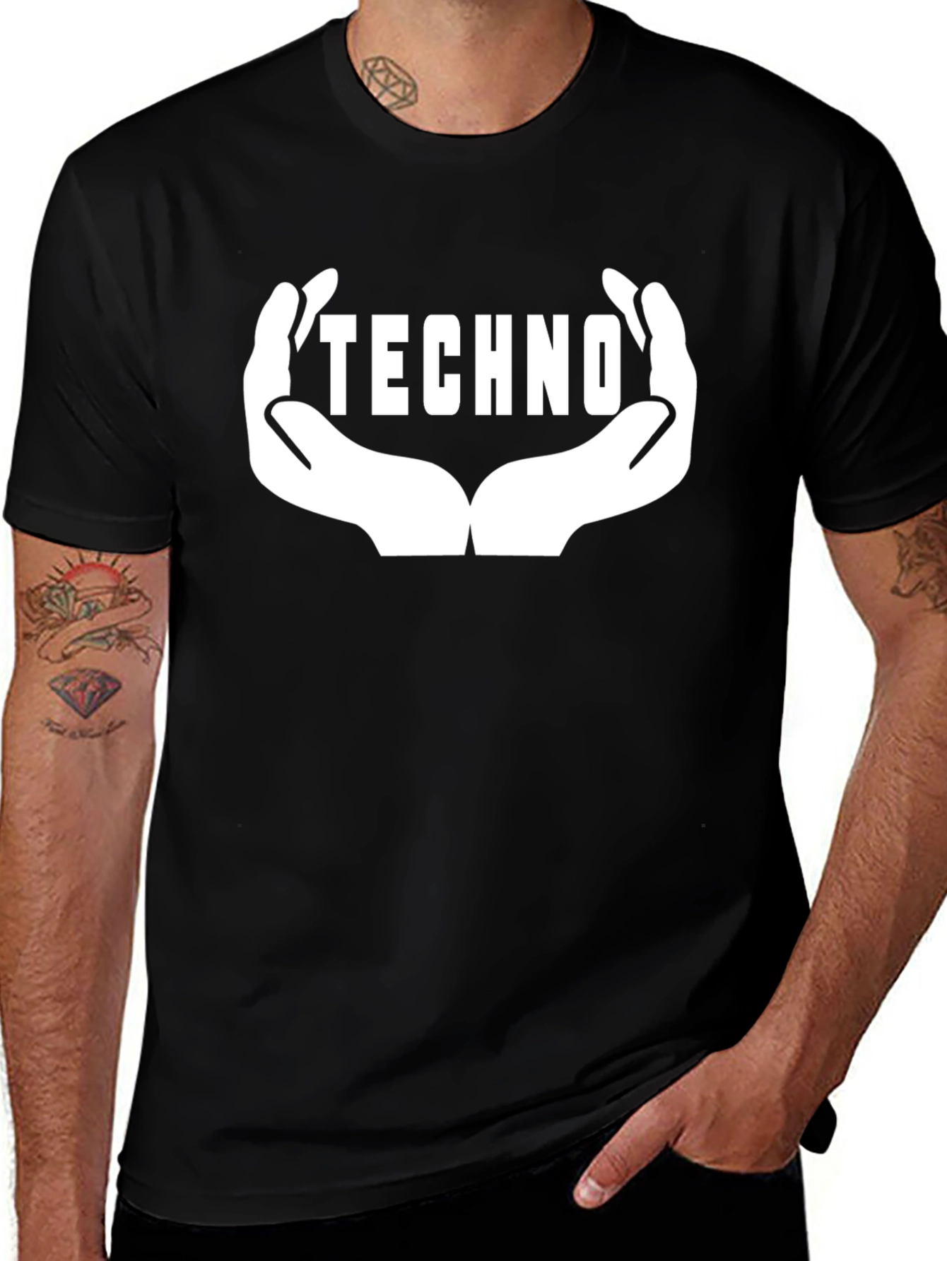 Techno Music Graphic Tee - Hands Design Black Cotton