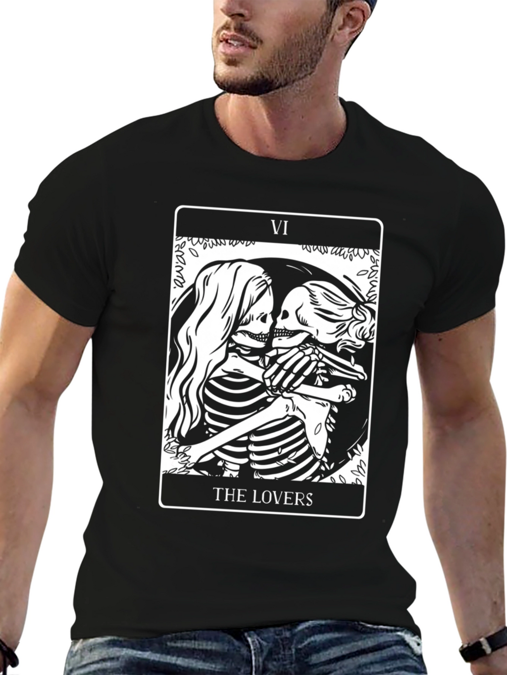The Lovers Tarot Card Skeleton Graphic Black T-Shirt
