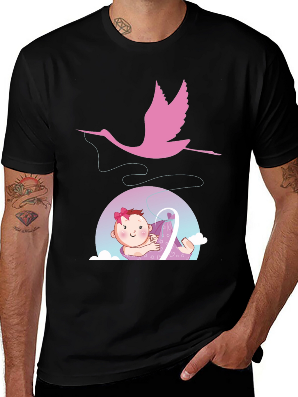 Cute Stork Delivering Baby T-Shirt - Black