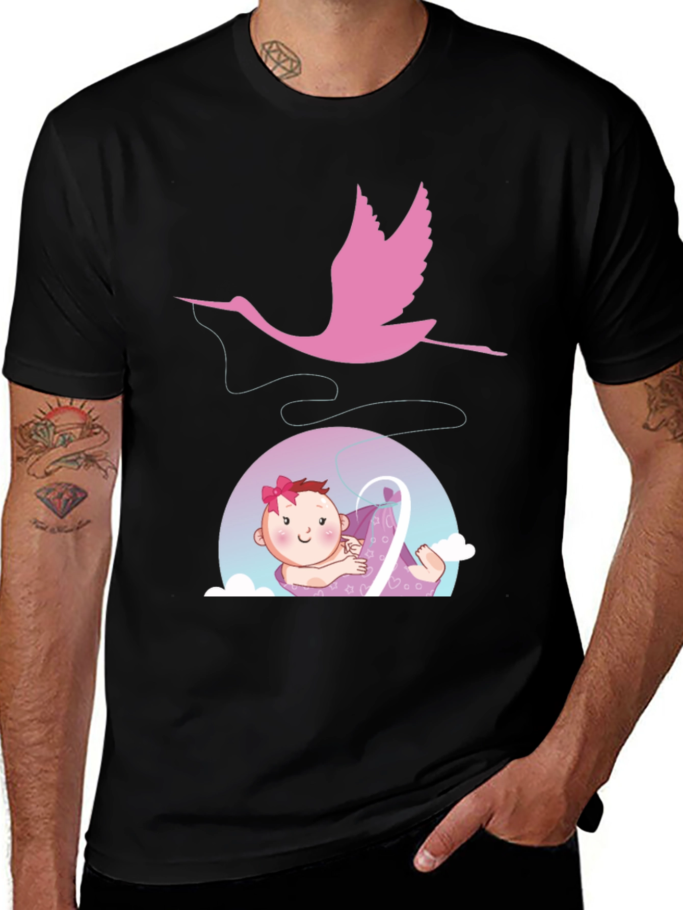 Cute Stork Delivering Baby T-Shirt - Black