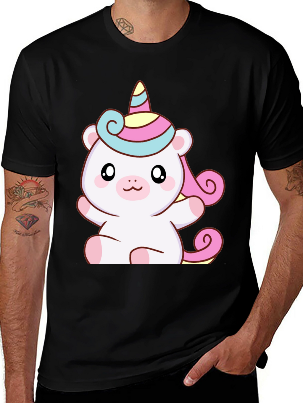 Cute Unicorn Bear Graphic Black T-Shirt