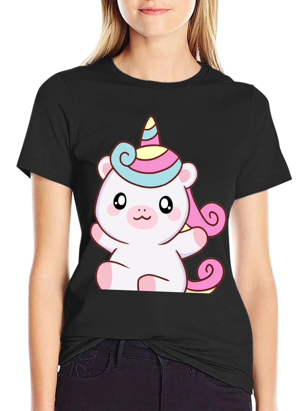 Cute Unicorn Bear Graphic Black T-Shirt