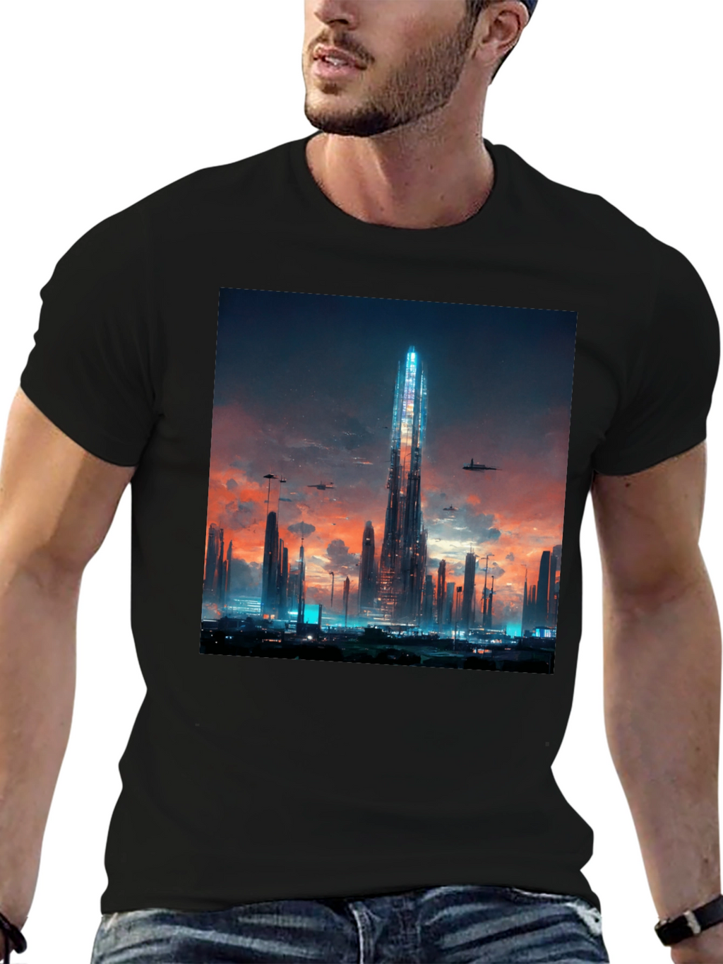 Futuristic Cityscape Black T-Shirt