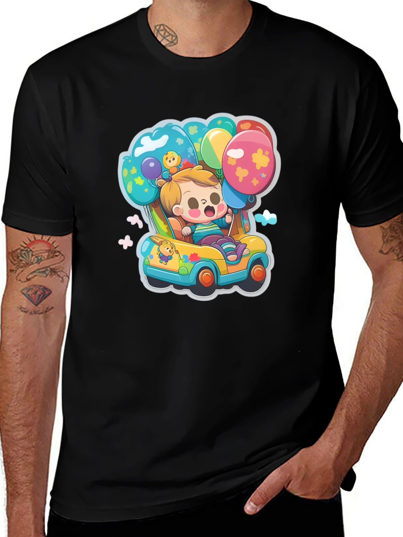 Cartoon Car & Balloons Graphic T-Shirt
