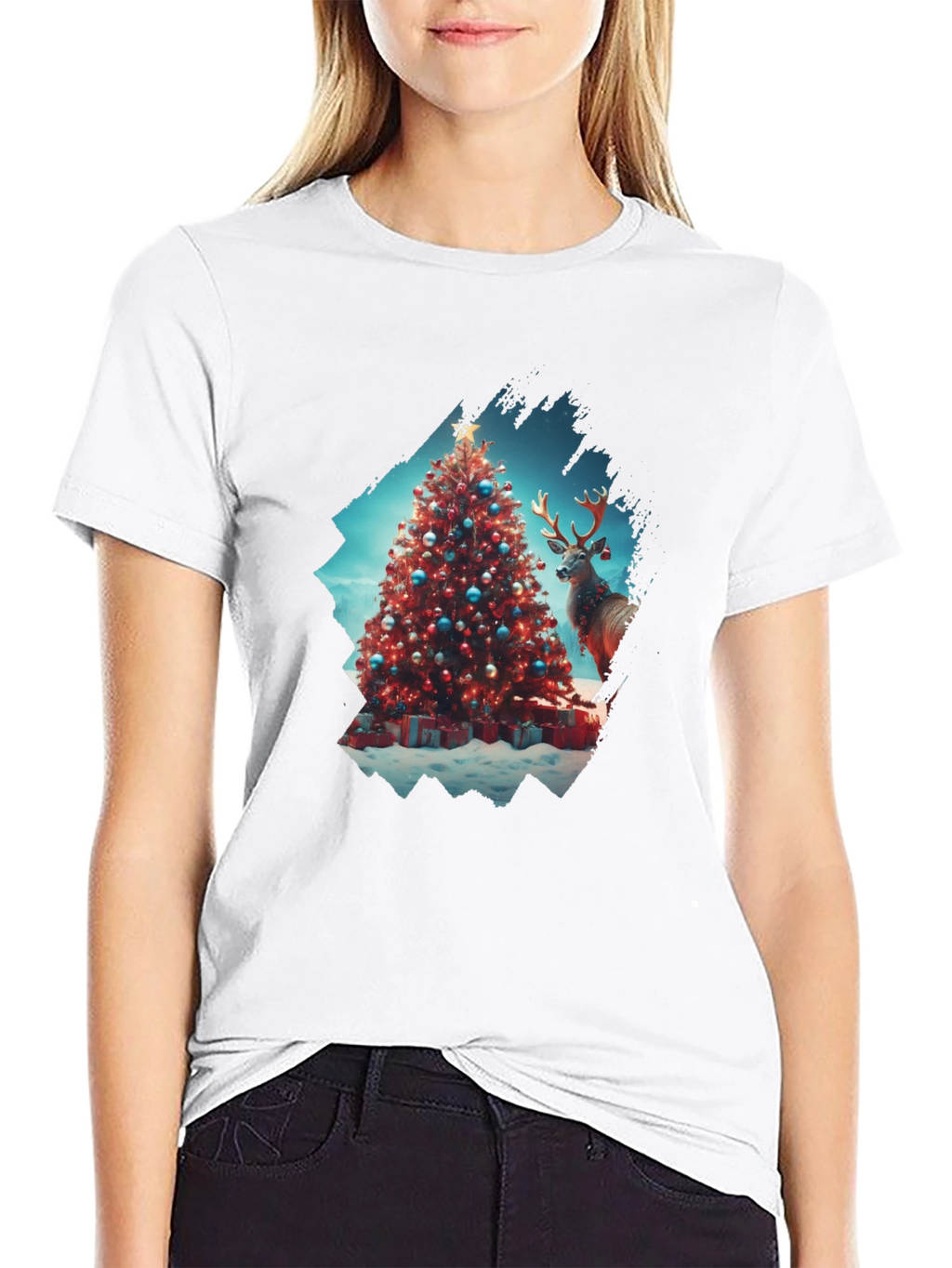 Festive Christmas Tree & Reindeer Graphic Tee
