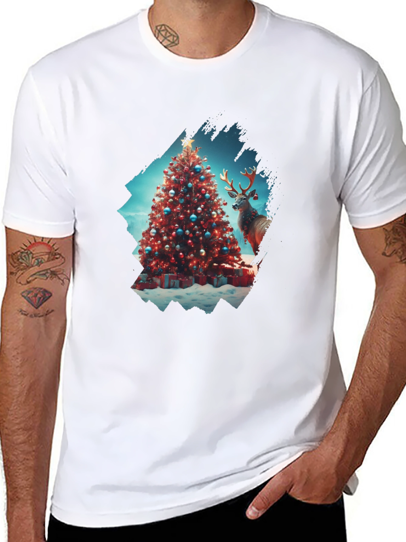 Festive Christmas Tree & Reindeer Graphic Tee