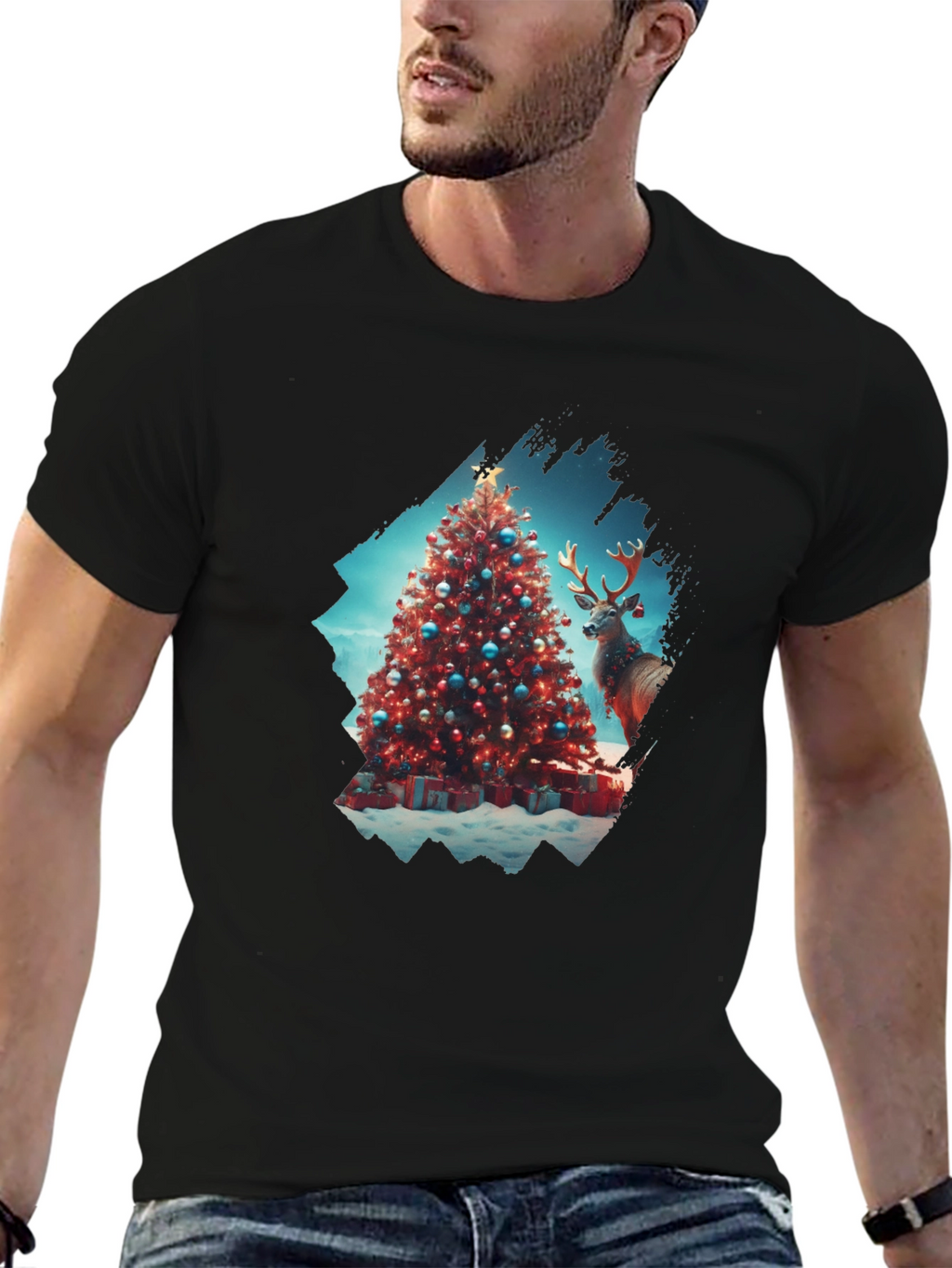 Festive Christmas Tree & Reindeer Graphic Tee