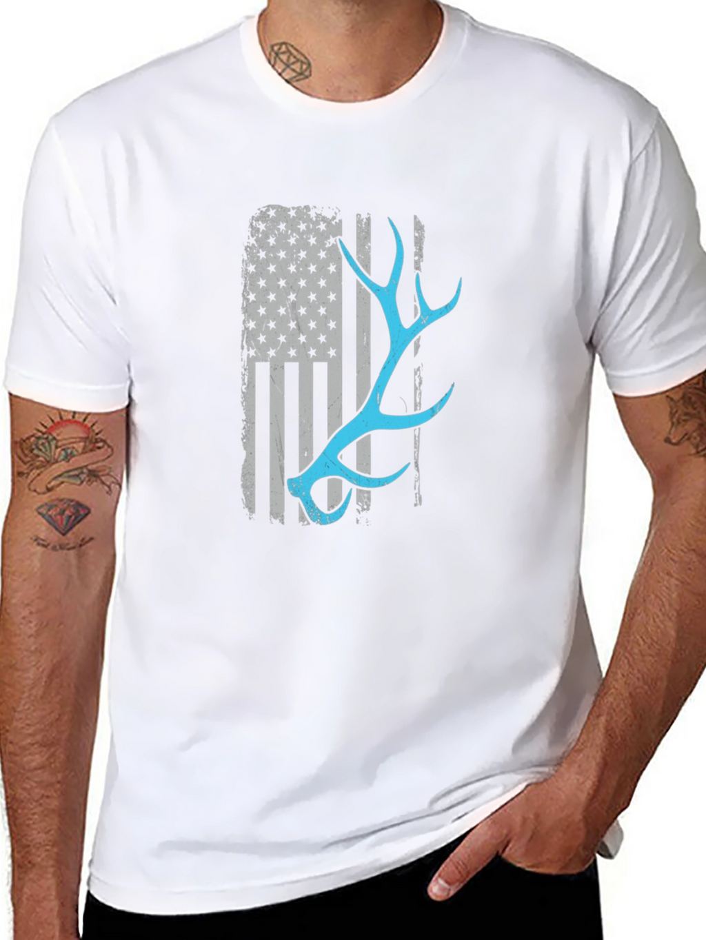 Deer Antler American Flag Black T-Shirt
