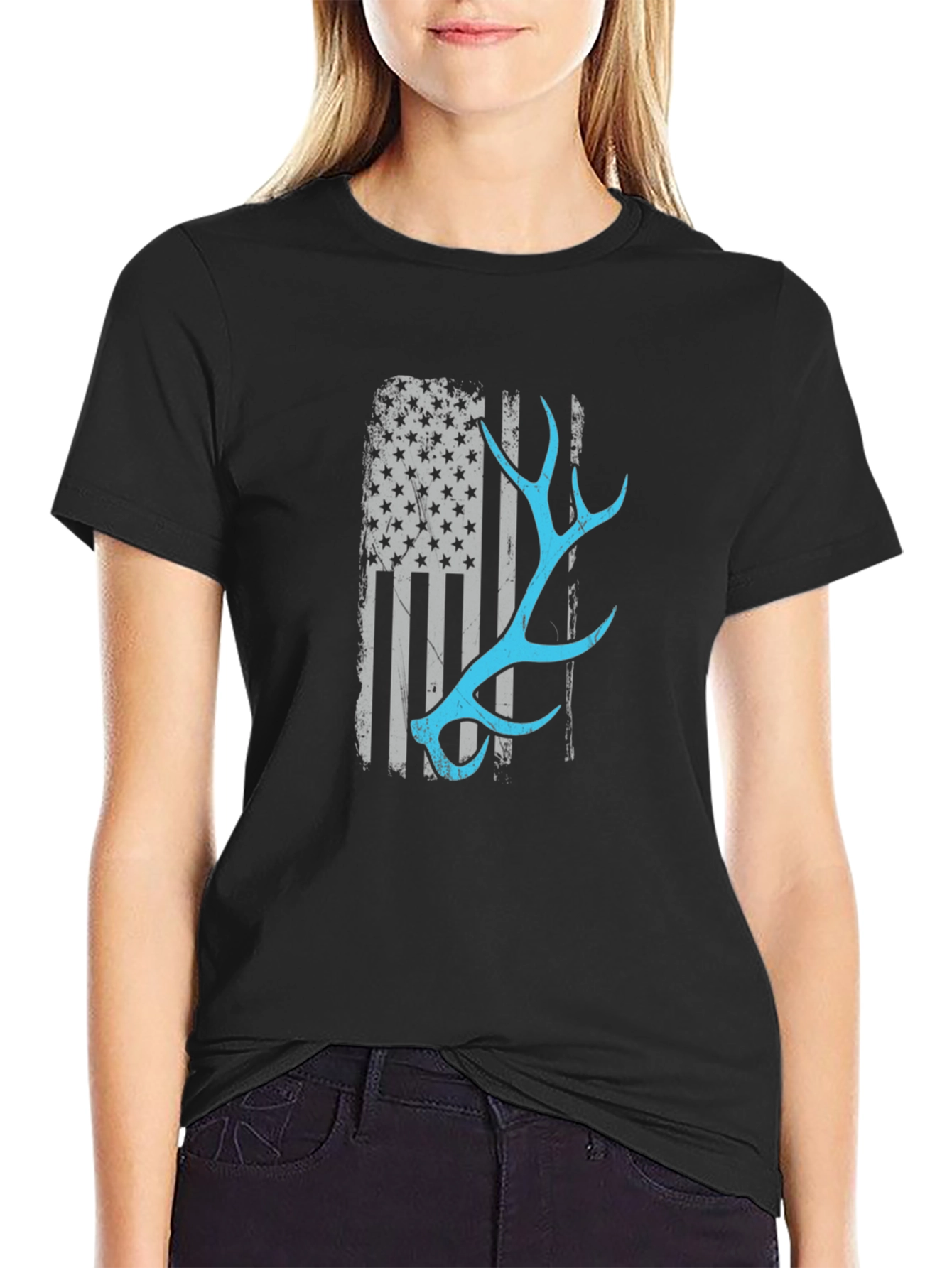 Deer Antler American Flag Black T-Shirt