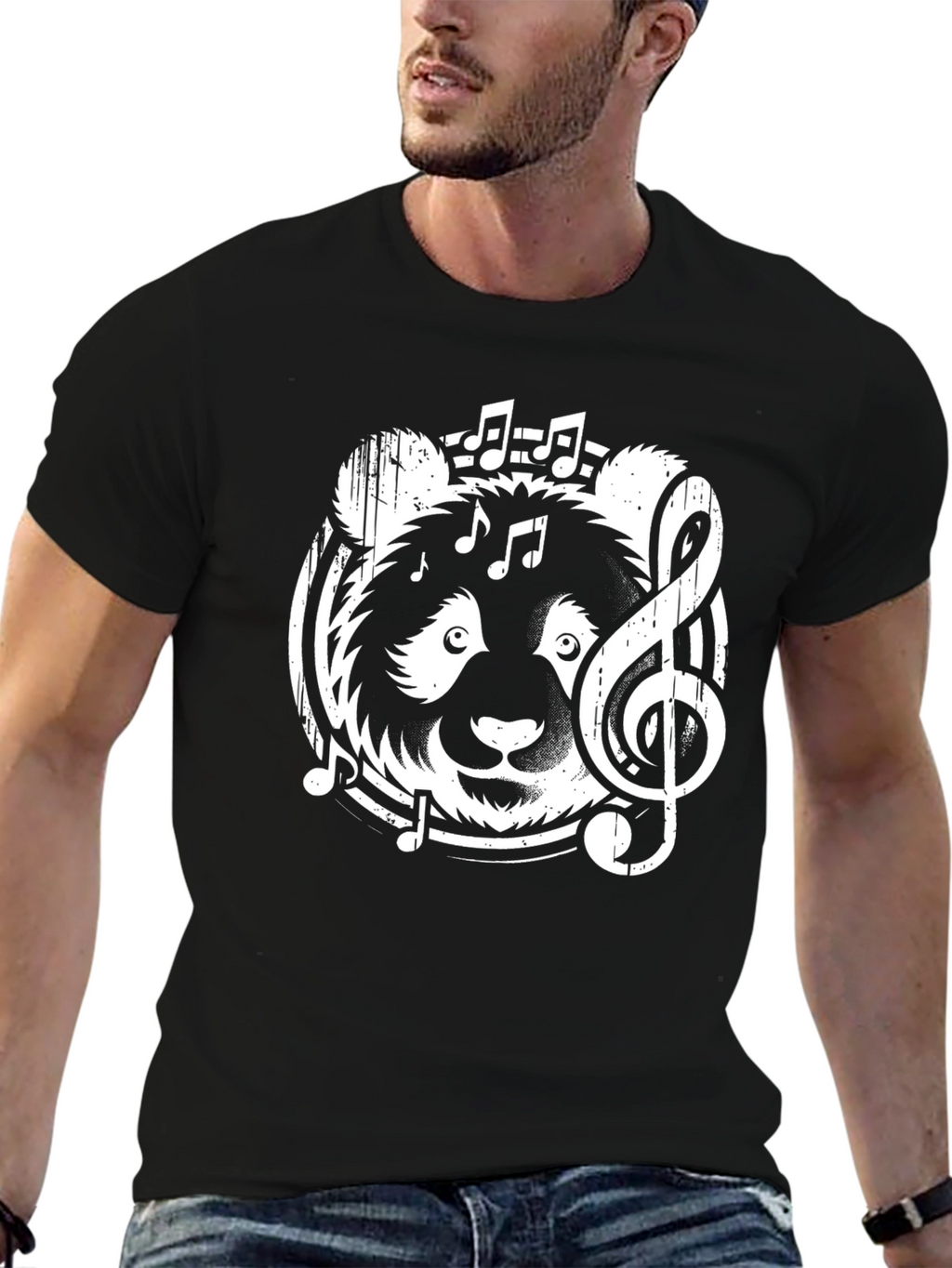 Musical Panda Graphic T-Shirt - Black Crew Neck Tee