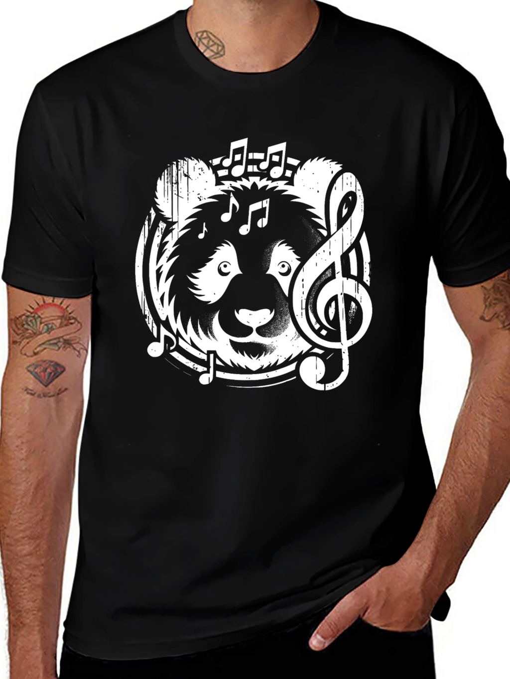 Musical Panda Graphic T-Shirt - Black Crew Neck Tee