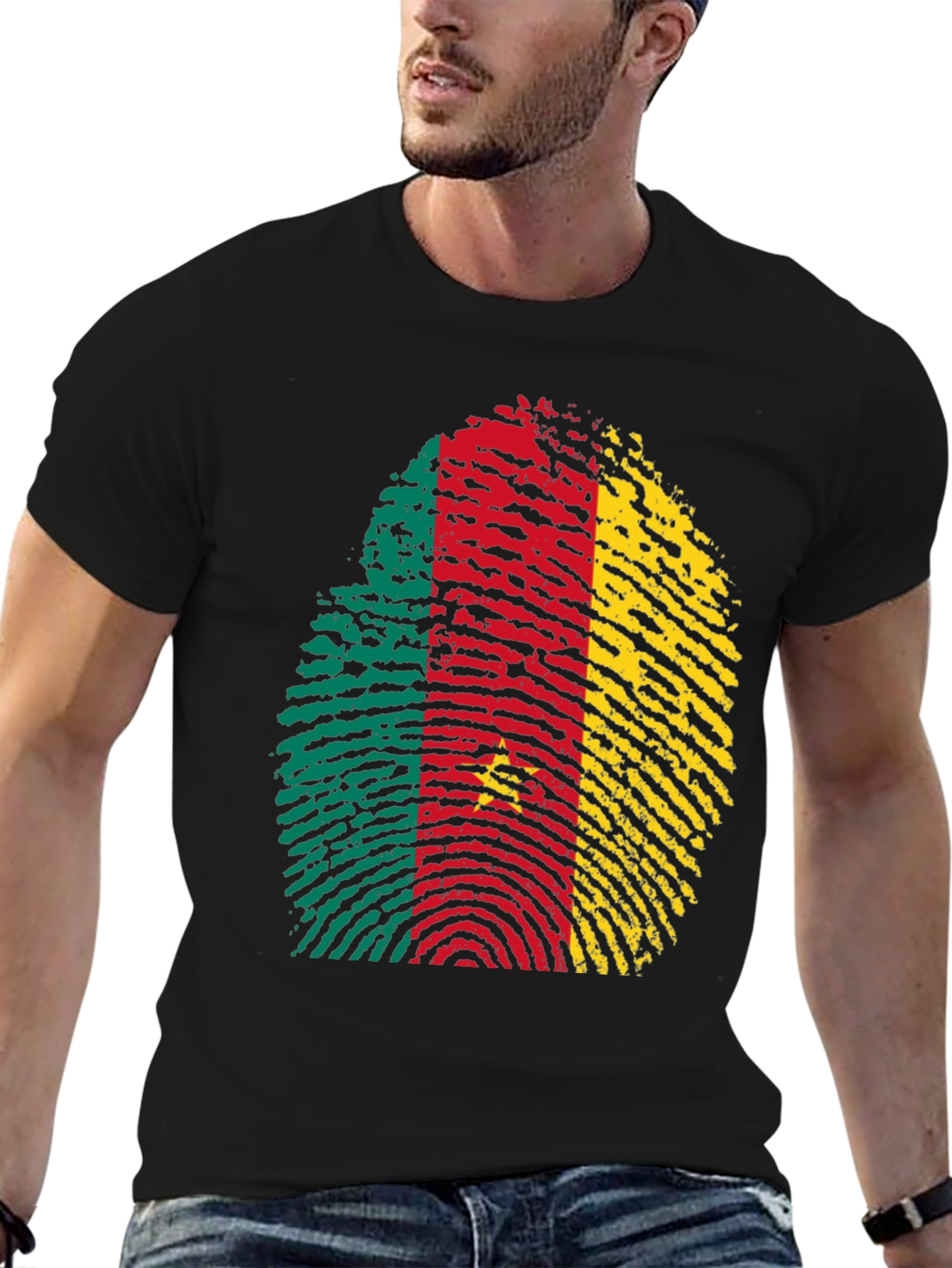Cameroon Flag Fingerprint Black T-Shirt