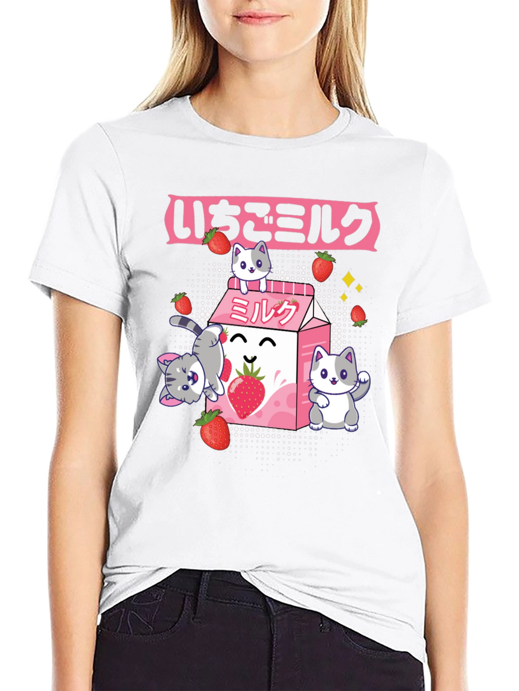 Strawberry Milk Cat T-Shirt - Kawaii Anime Style