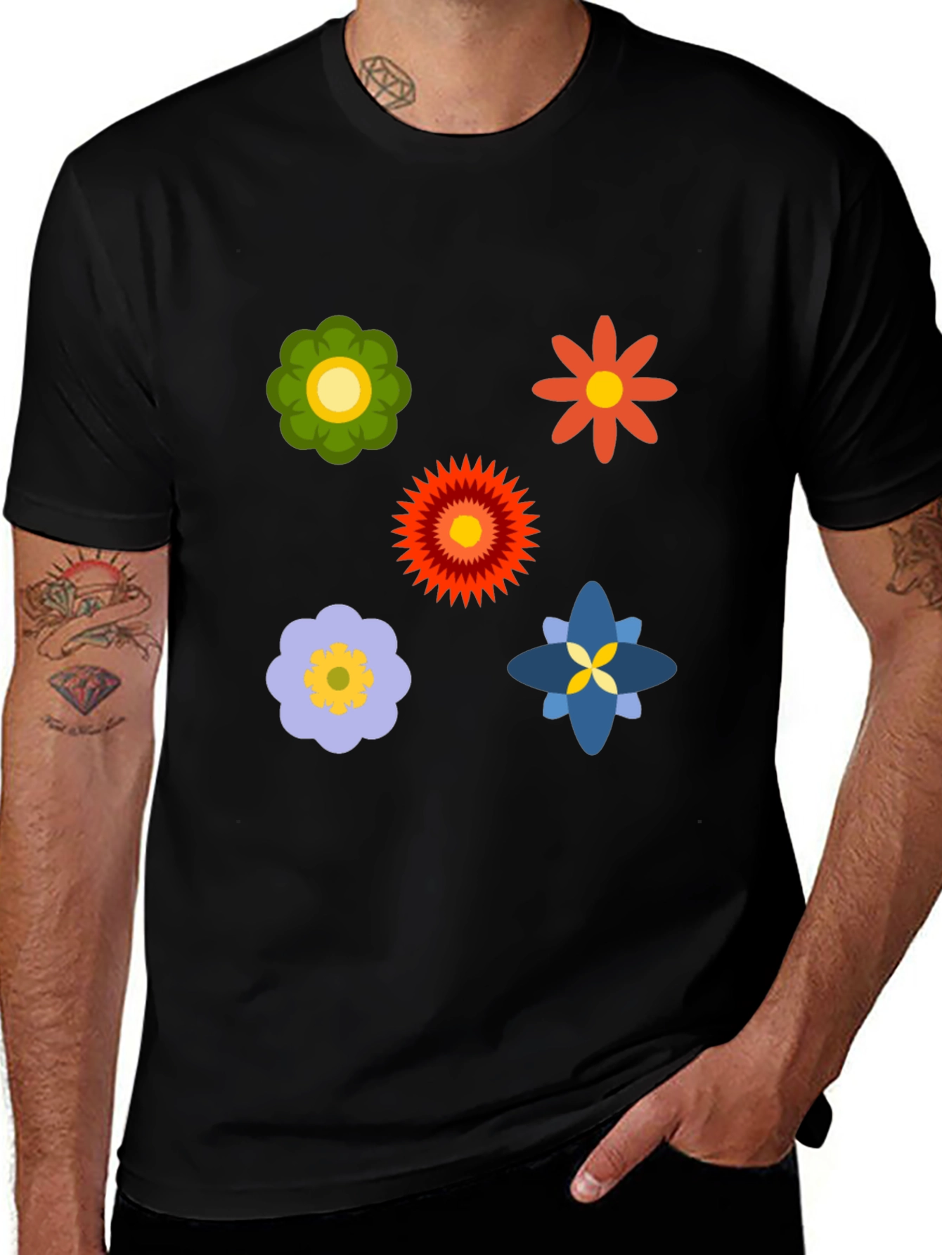 Floral Print Black Crew Neck T-Shirt