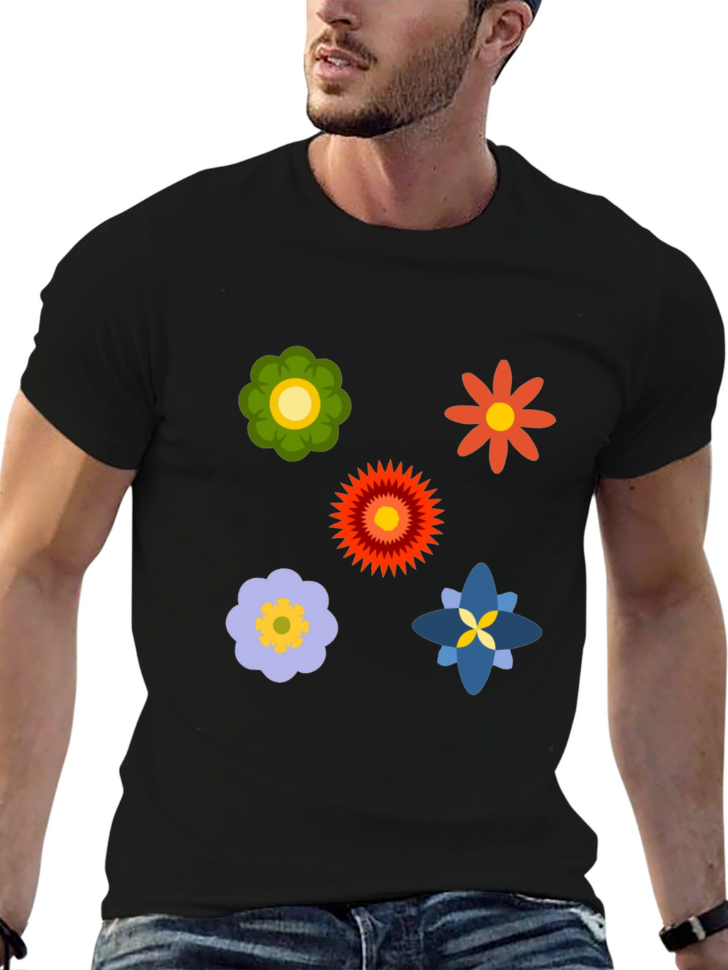 Floral Print Black Crew Neck T-Shirt