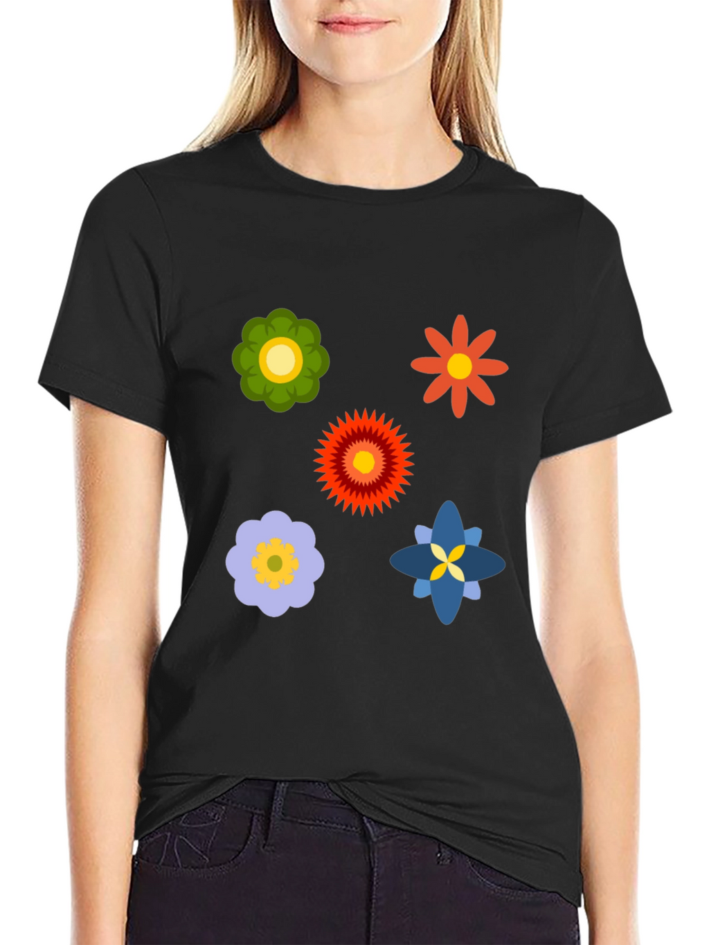 Floral Print Black Crew Neck T-Shirt