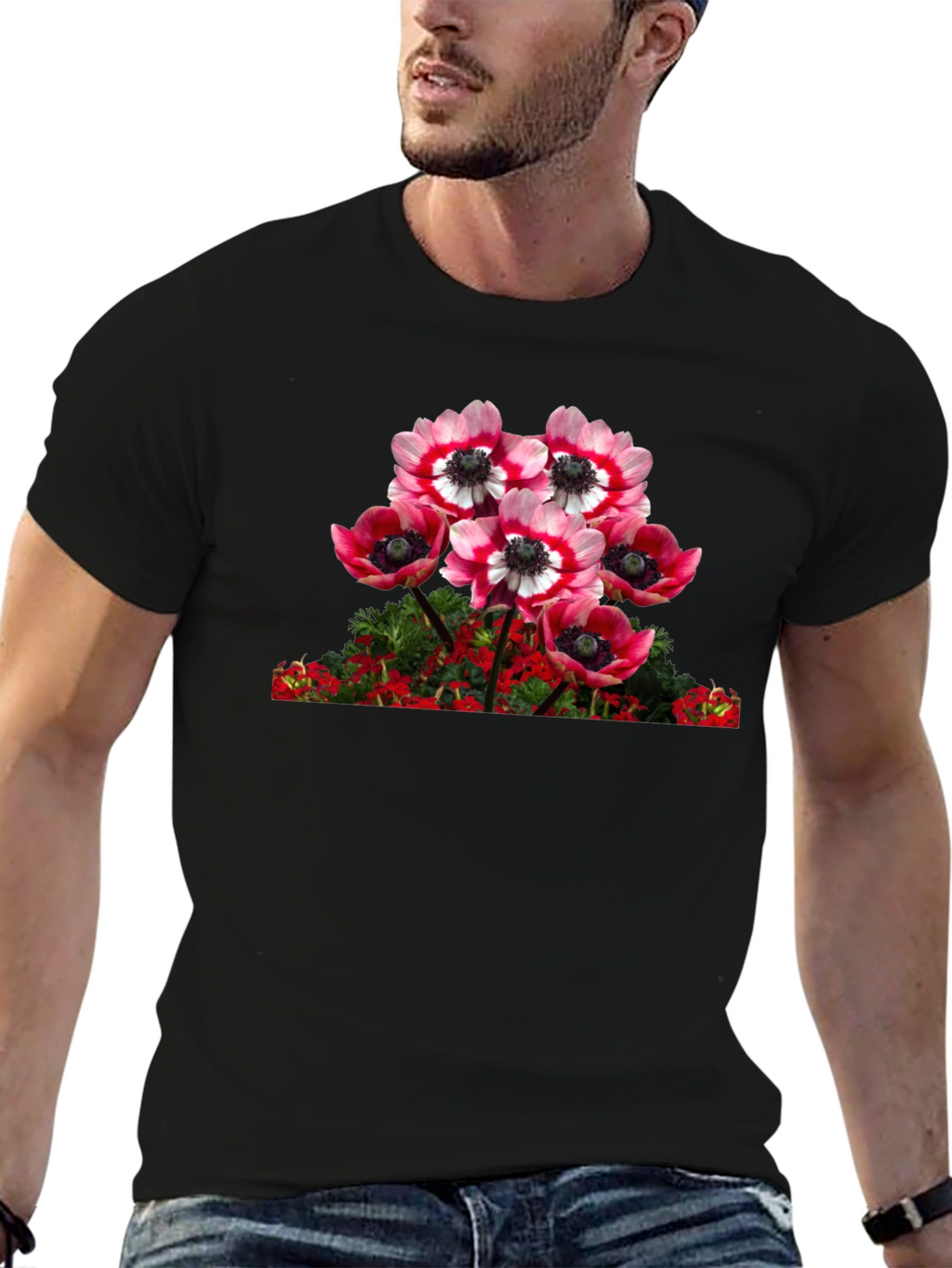 Floral Anemone Graphic Tee - Black Cotton Blend
