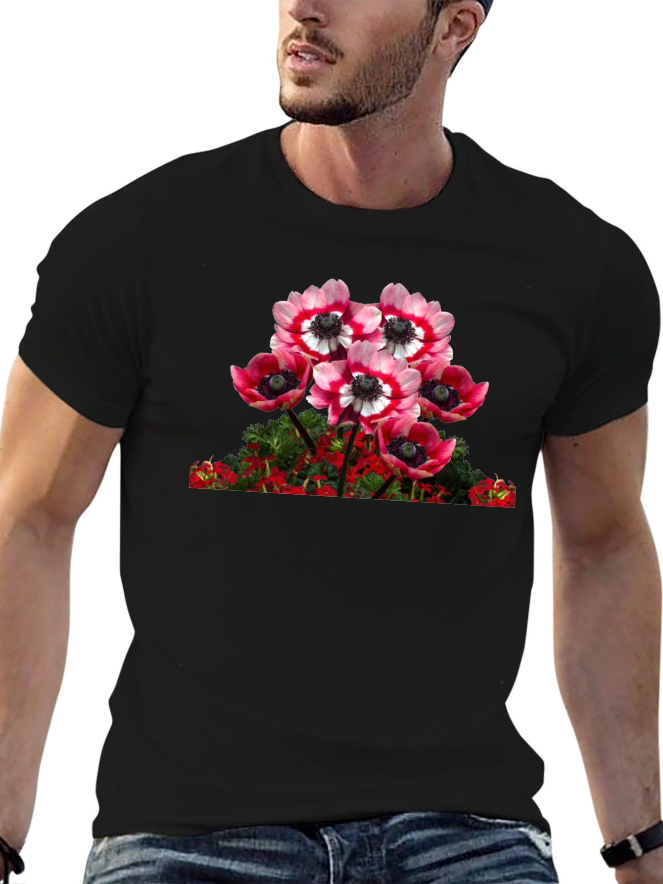 Floral Anemone Graphic Tee - Black Cotton Blend