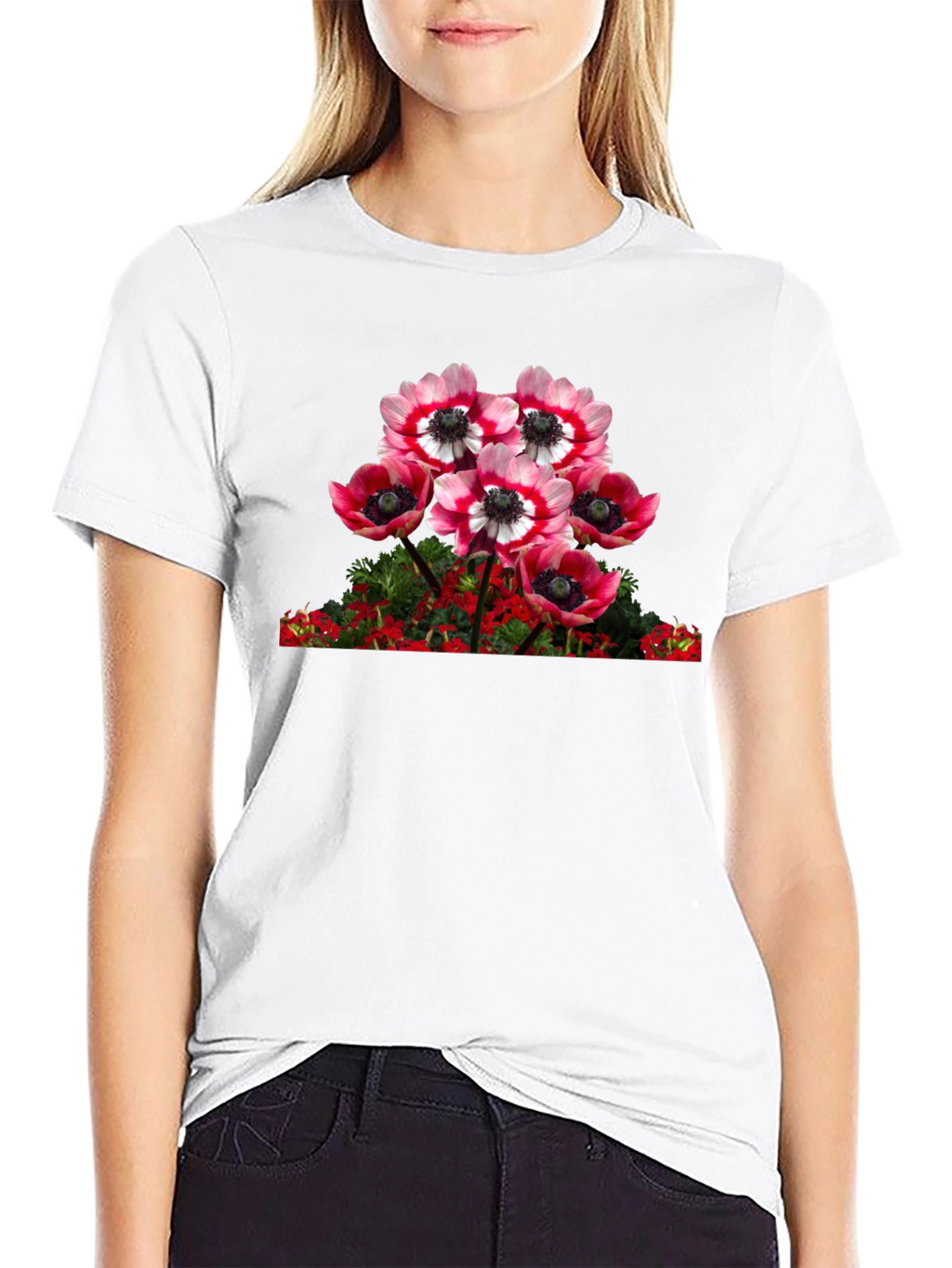 Floral Anemone Graphic Tee - Black Cotton Blend