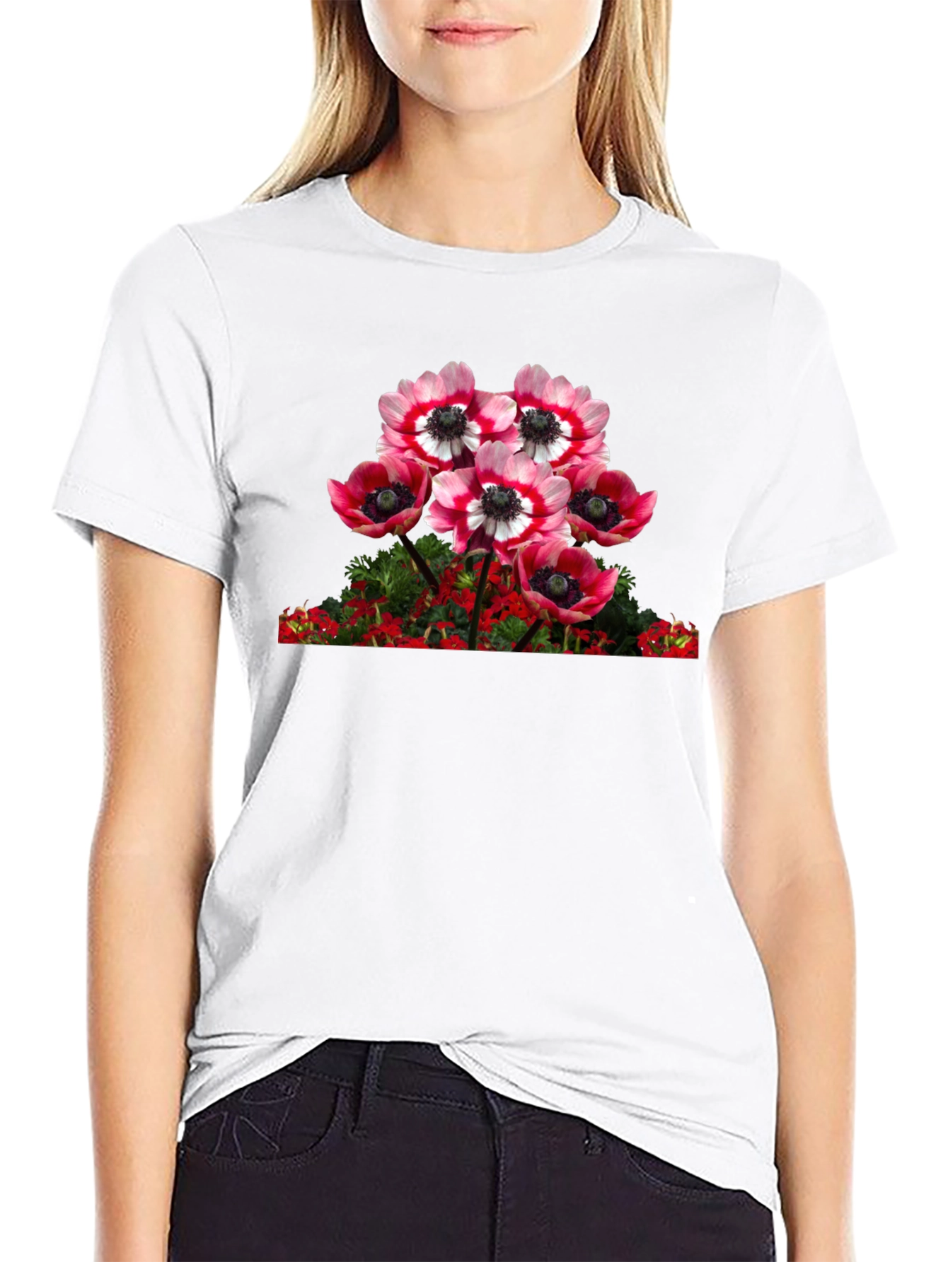 Floral Anemone Graphic Tee - Black Cotton Blend