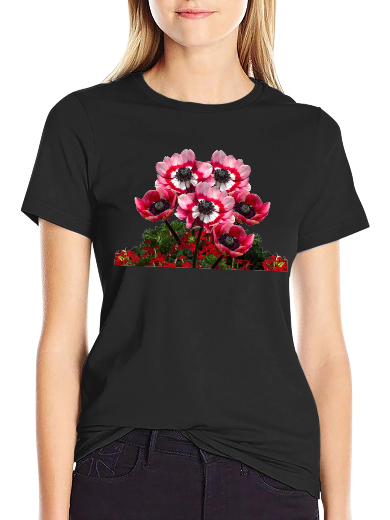 Floral Anemone Graphic Tee - Black Cotton Blend