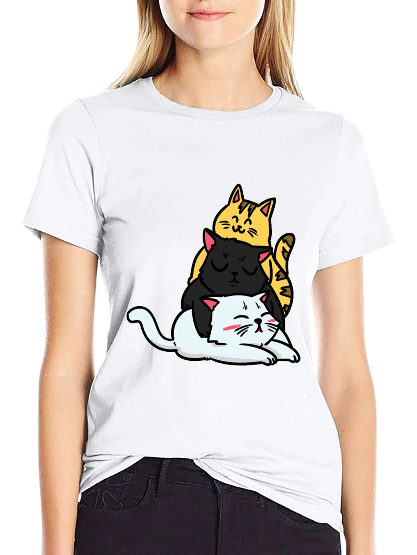 Stacked Cats Graphic Tee - Black Cotton T-Shirt